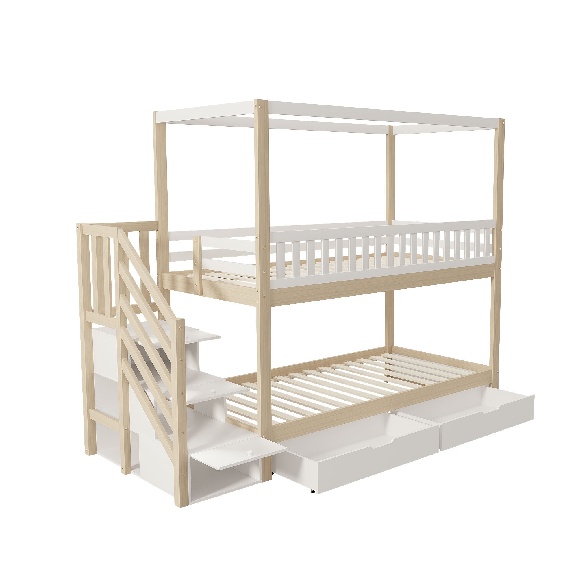 Bunk Bed, 90x200cm Solid Wood Double with Storage & Ladder, White & Wood
