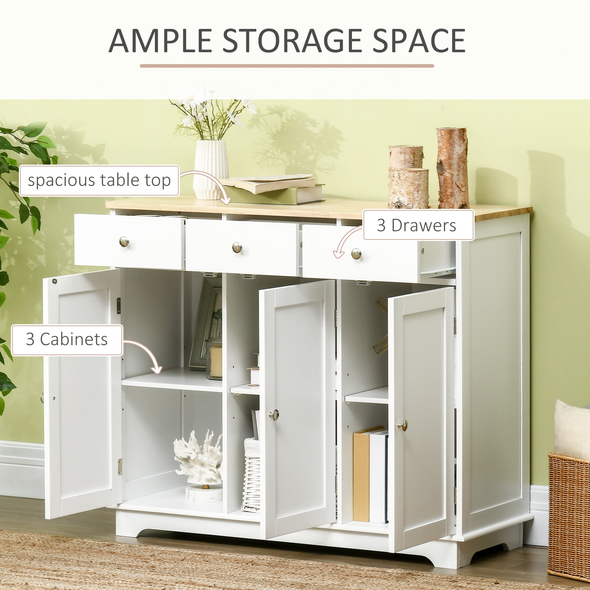 Sideboard Storage Cabinet with 3 Doors, 3 Drawers, Adjustable Shelves, White/Rubber Wood Top