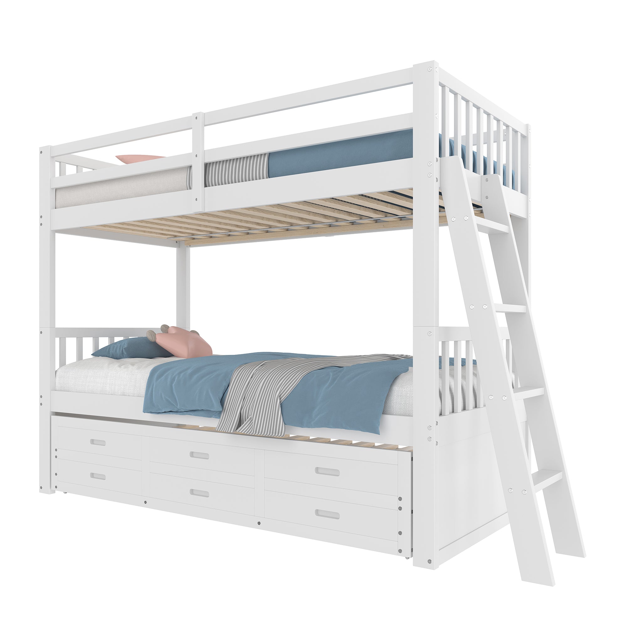 Bunk Bed 90x200cm House Bed with Ladder, Pull-Out Bed & 3 Drawers, White Pine Wood & MDF