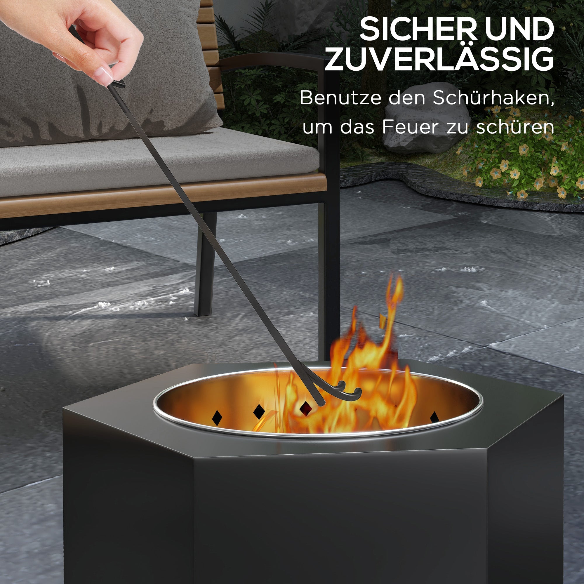 Smokeless Tabletop Fire Pit with Poker, Garden Camping Patio, Metal Black