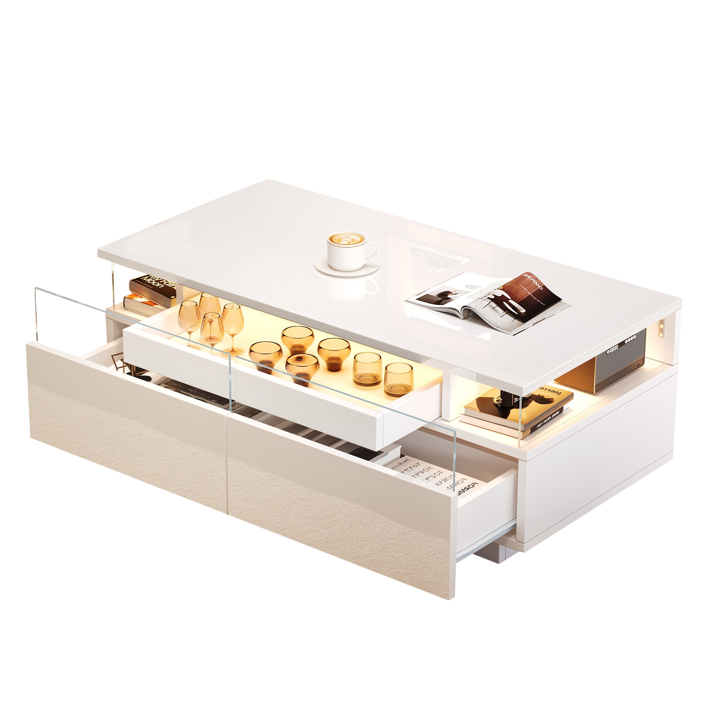 Coffee Table with Tray, 90 x 45 x 35.5 cm, 2 Drawers, Tempered Glass, LED Light, White