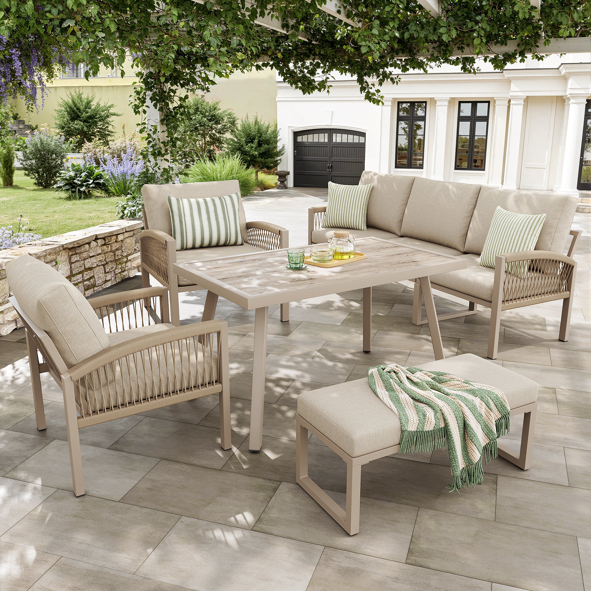 Handwoven Garden Sofa Set 7-Seater with Table 2 Armchairs Weatherproof - Beige/Iron Frame