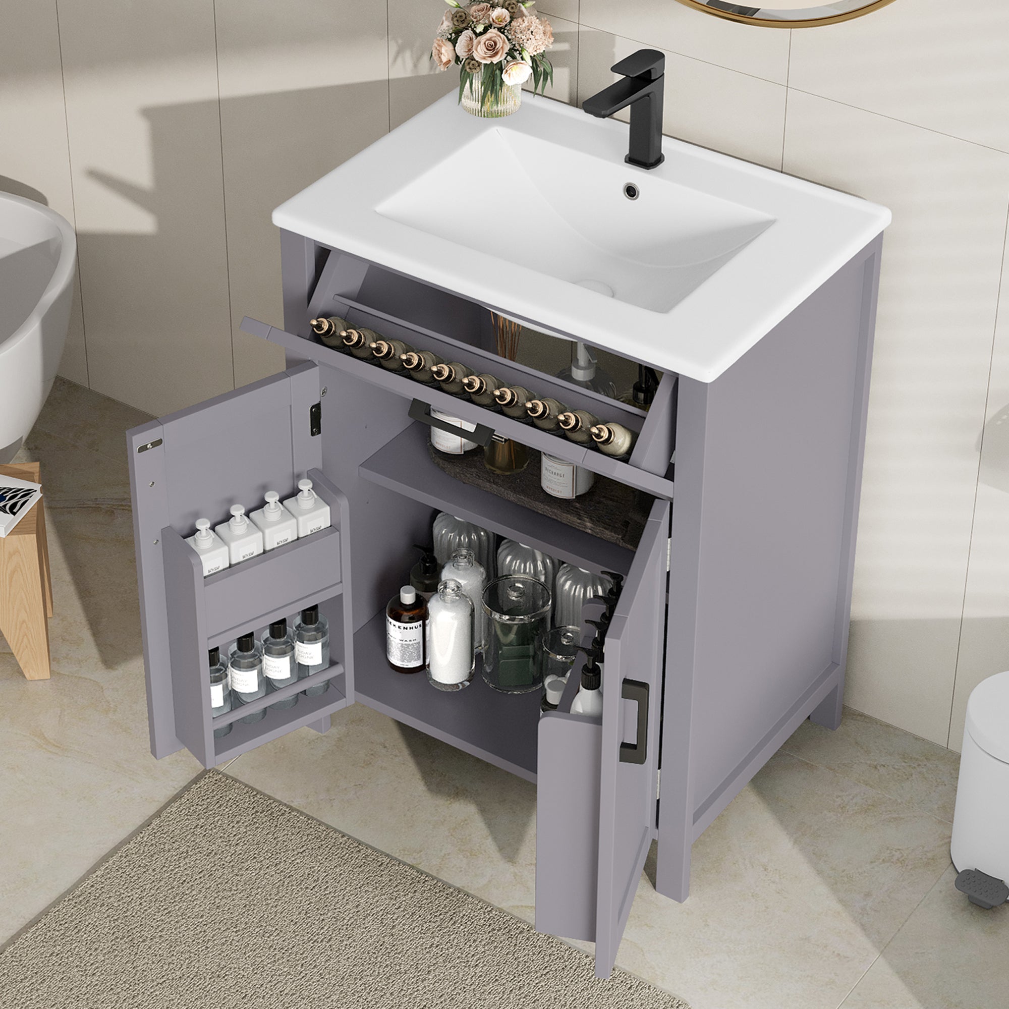Bathroom Vanity Unit with Integrated Ceramic Sink and Storage Shelves, Grey