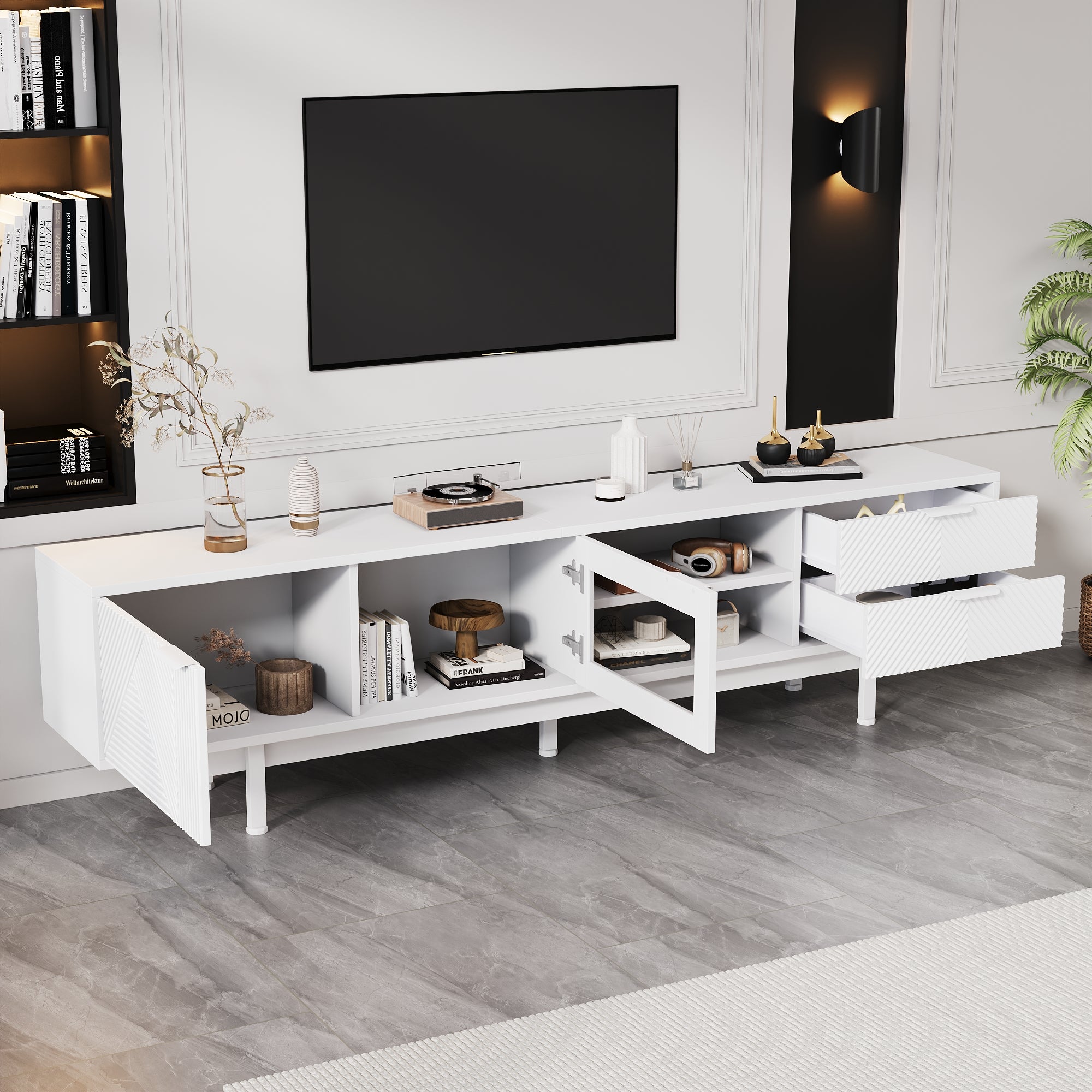 TV Cabinet, Modern Simple 80-inch with 2 Doors & 2 Drawers, White