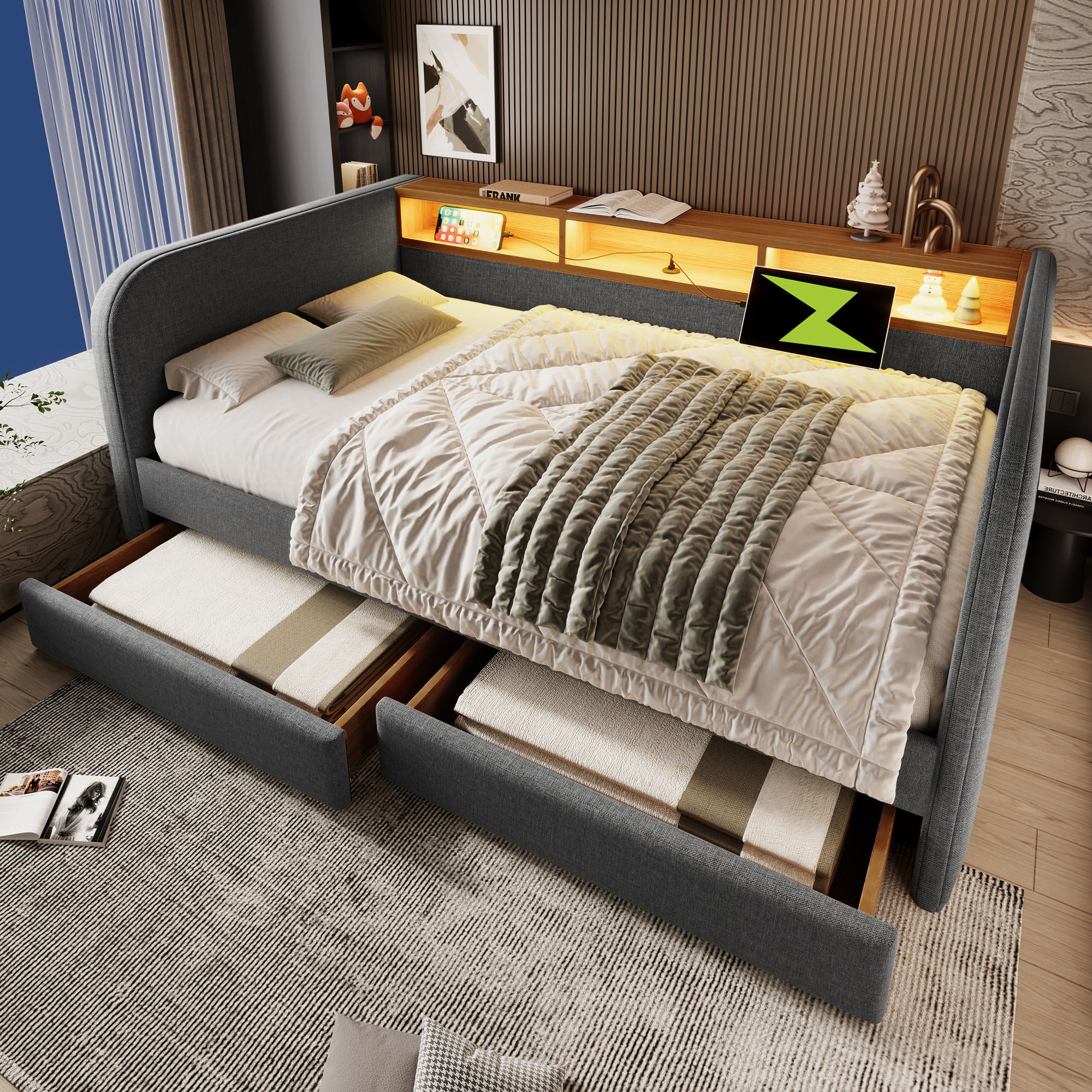 Upholstered Daybed, 140x190cm Sofa Bed with LED, USB-C & Storage, Grey Linen