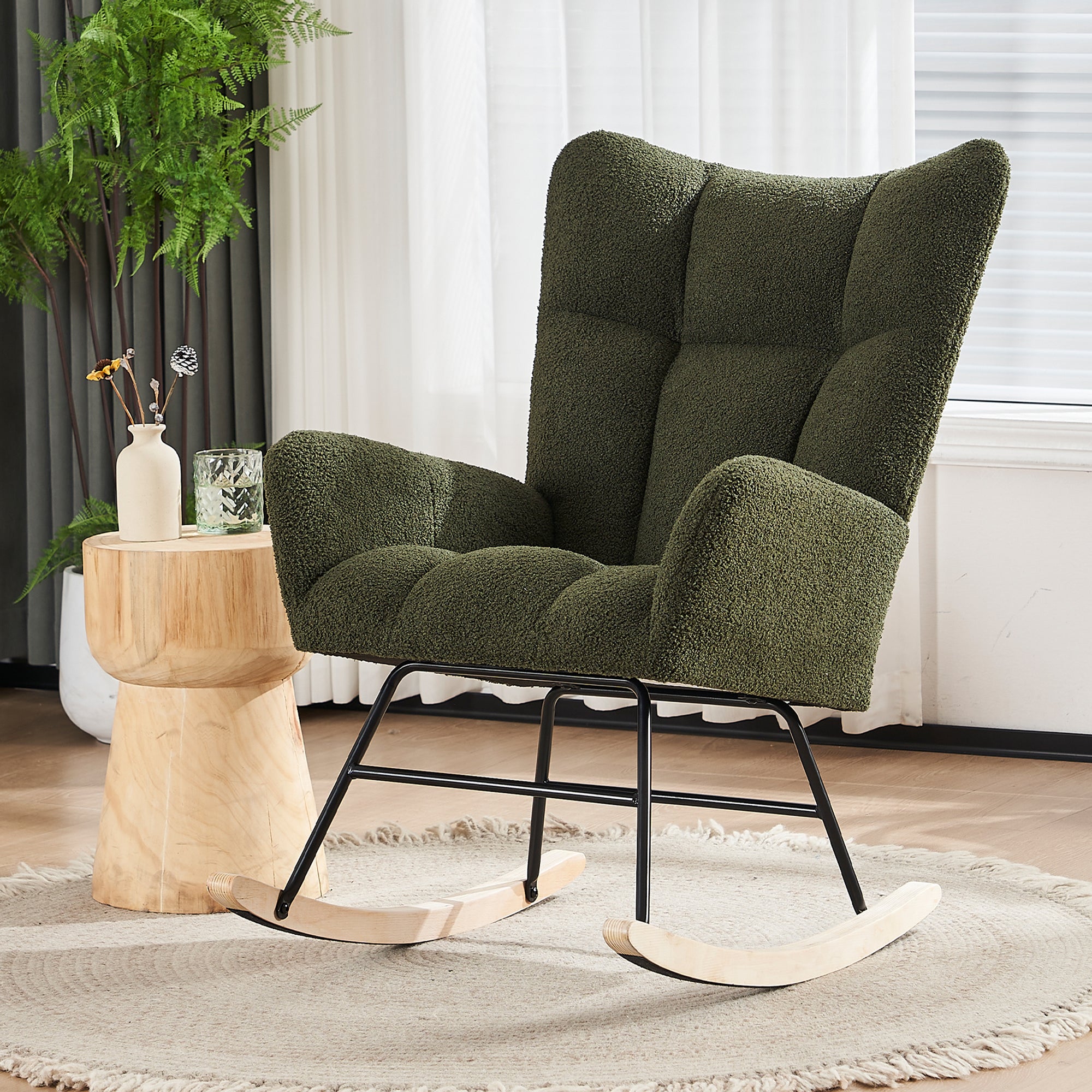 Modern Rocking Chair with High Backrest and Armrests (Green)