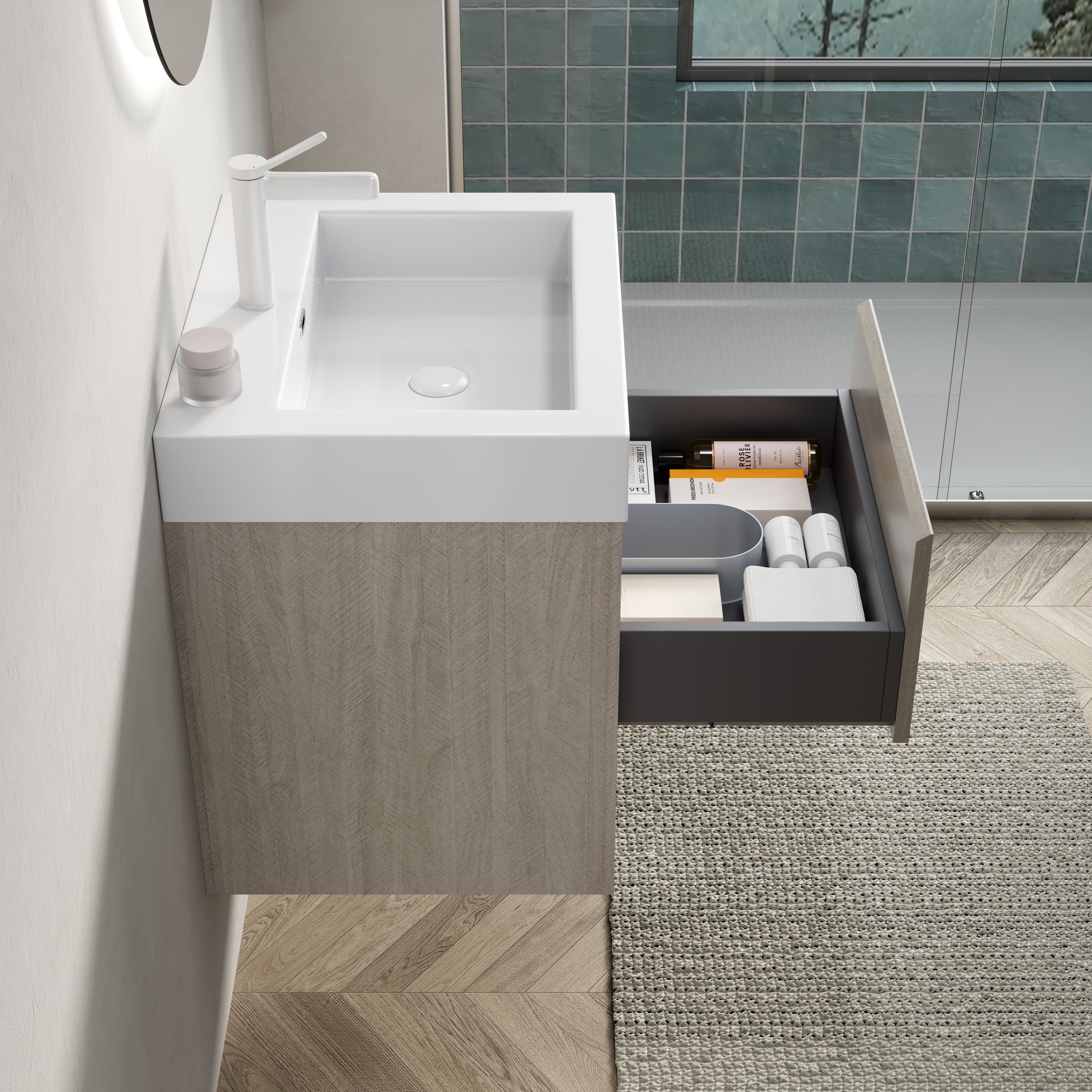 Wall-Mounted Bathroom Vanity Unit with Resin Basin and Storage, Light Oak Wood Grain Plywood