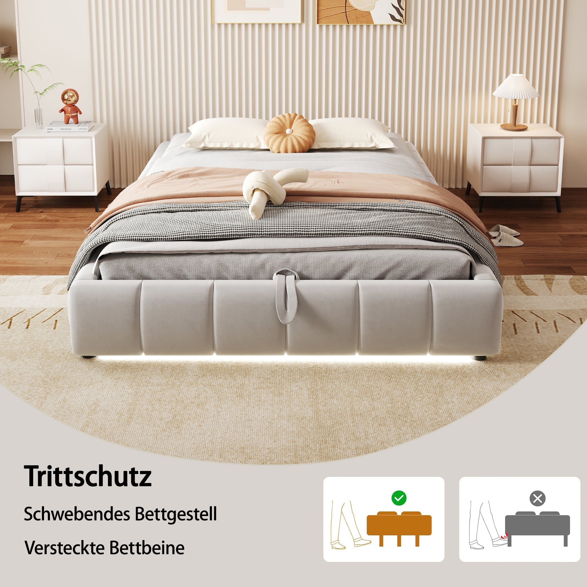 Upholstered Bed, 140x200cm, LED Light, Hydraulic Floating, Beige