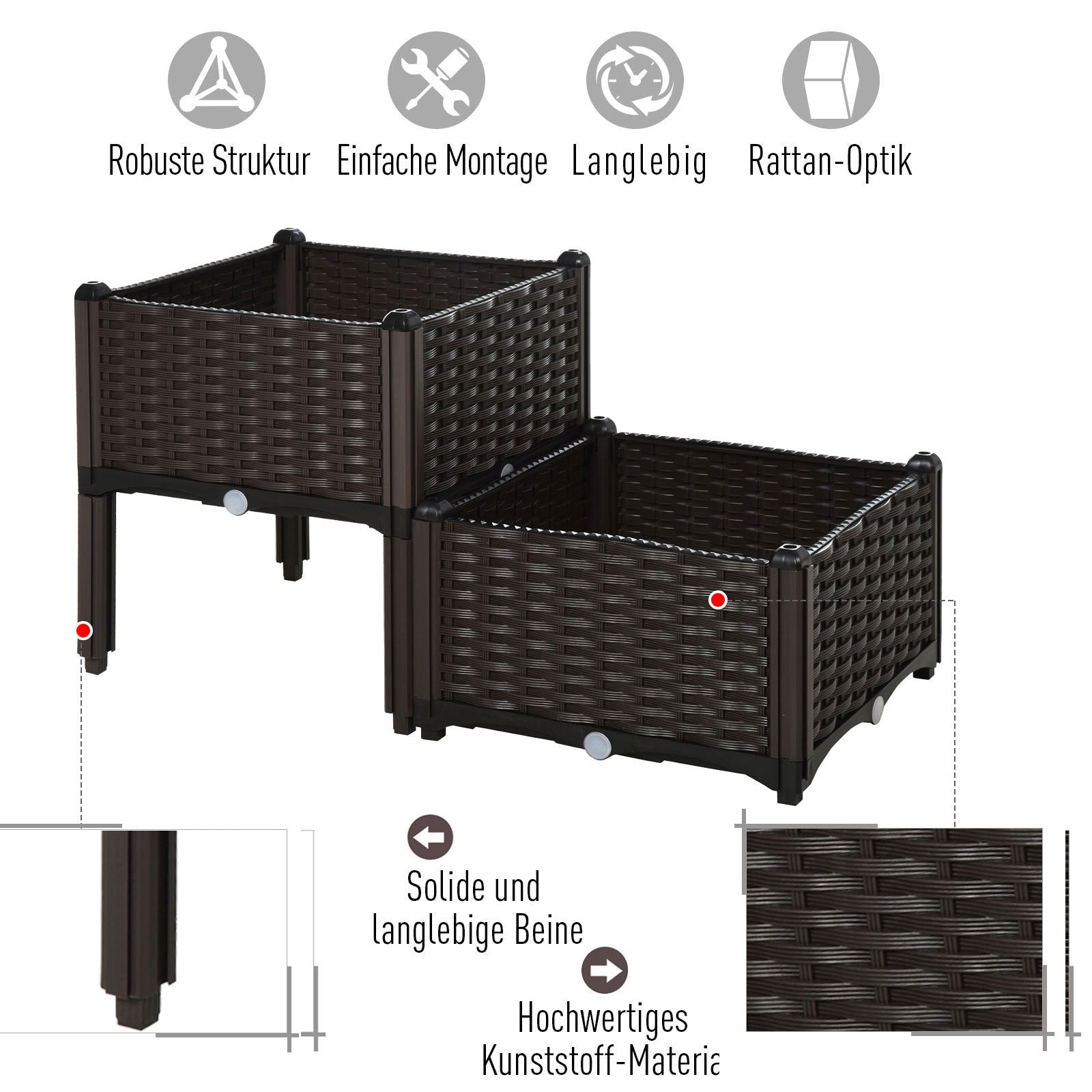 Raised Bed Double Planter, Rattan Look, 80x40x44cm, PP, Brown