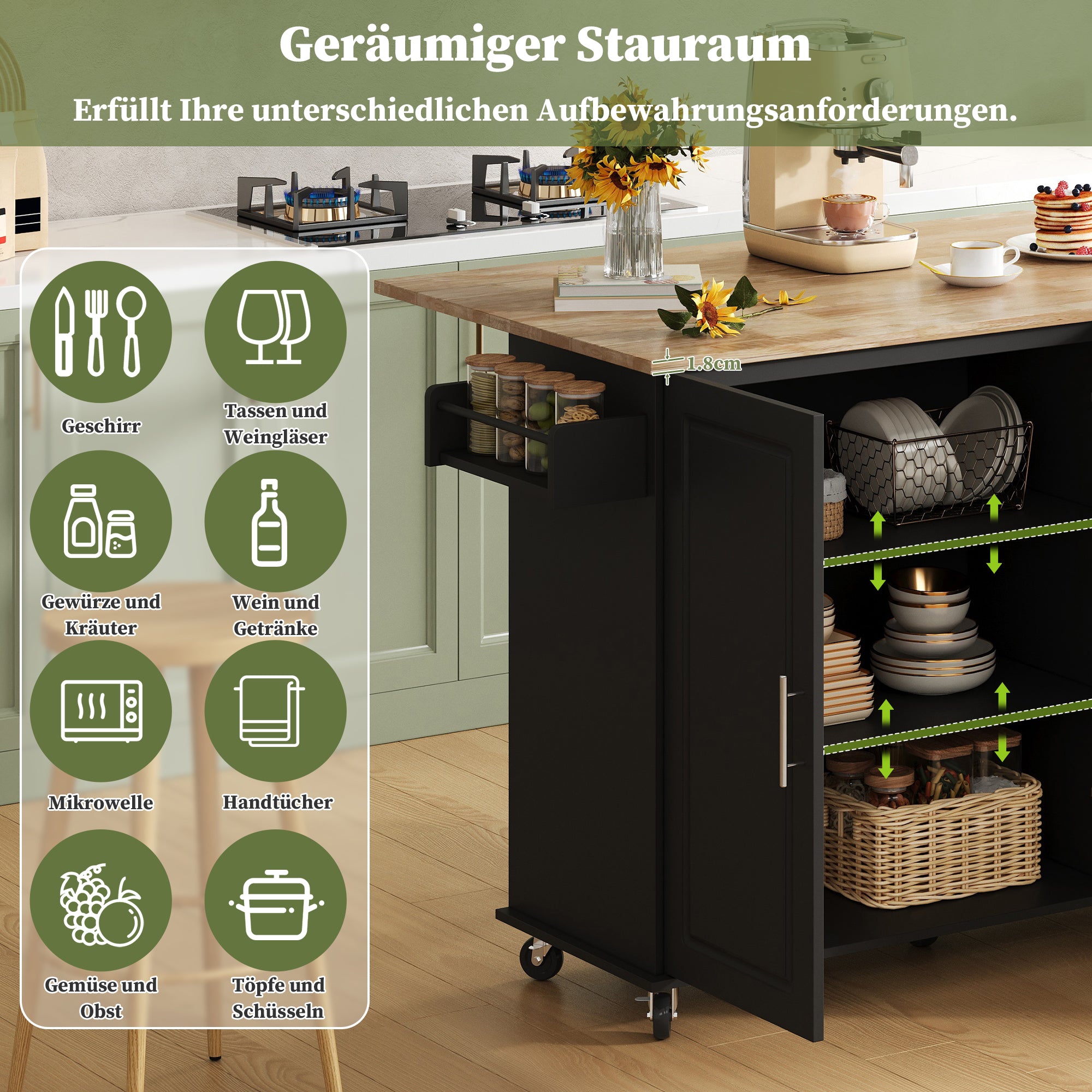 Mobile Kitchen Table with Foldable Worktop and 3 Drawers, Oak Look