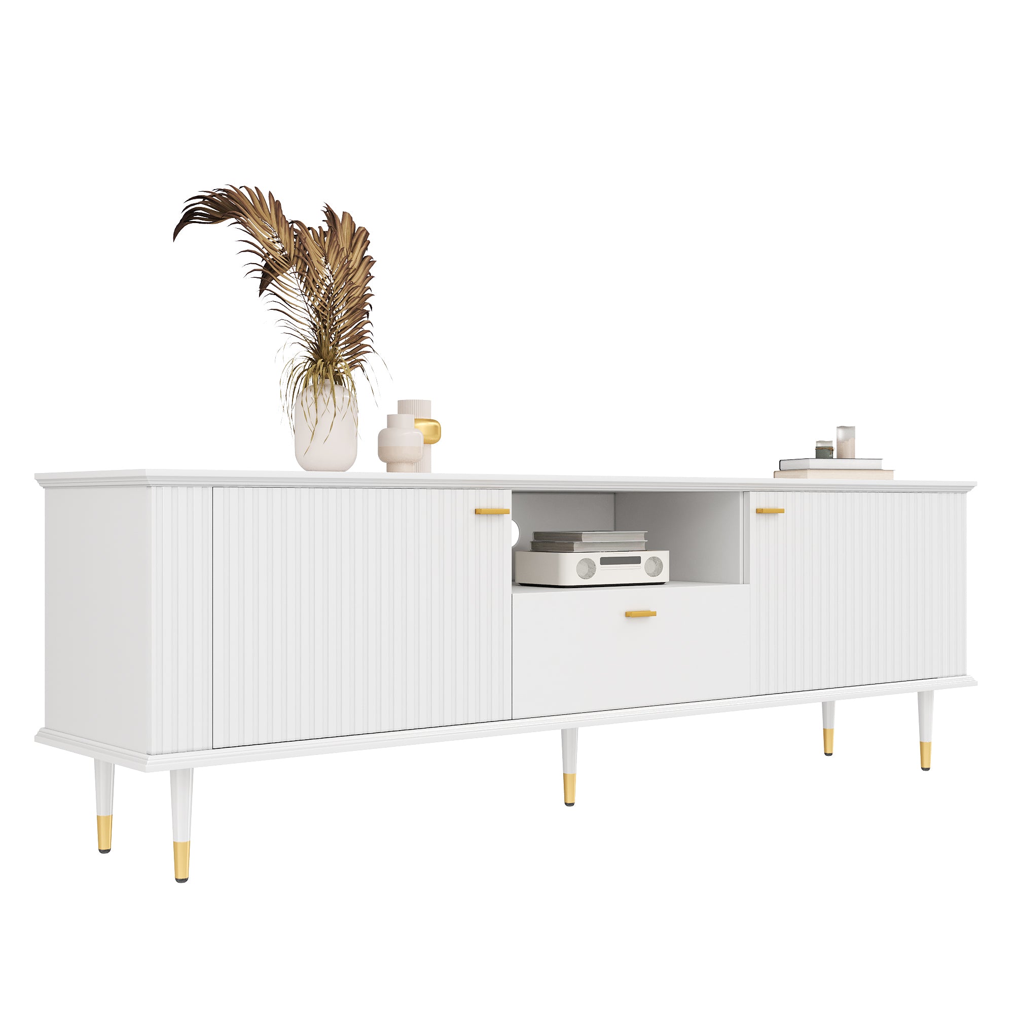 TV Cabinet with Open Compartments, Drawers, Soft-Close Hinges, Lacquered Textured Surface