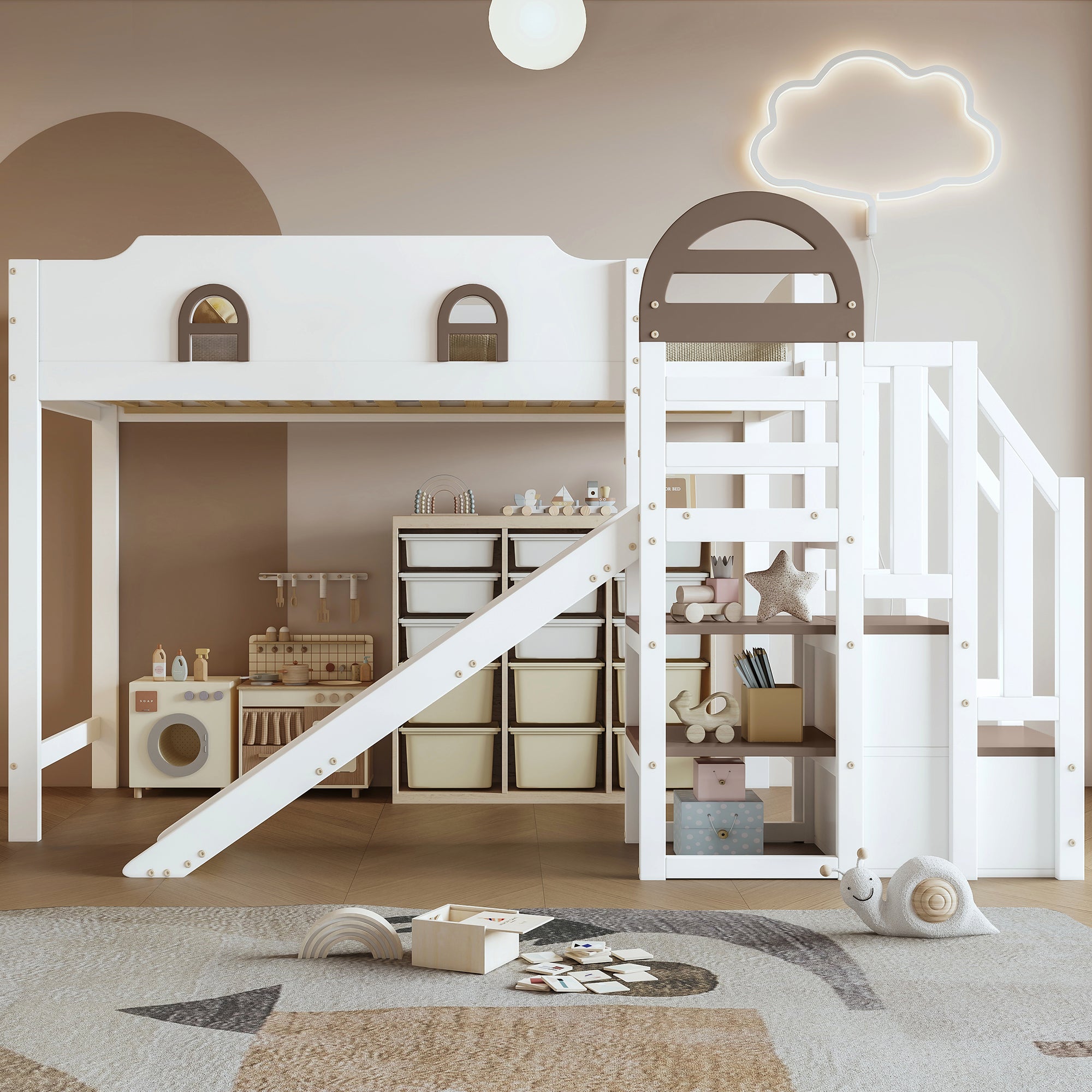 Bunk Bed, Children's with Window, Slide, Stairs & Storage, Pine + MDF, White + Brown, 90 x 200 cm