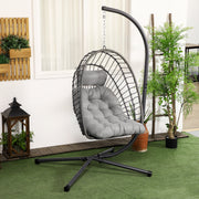 Outdoor PE Rattan Swing Chair Foldable Hanging Egg Chair with Metal Stand and Cushion, Light Grey