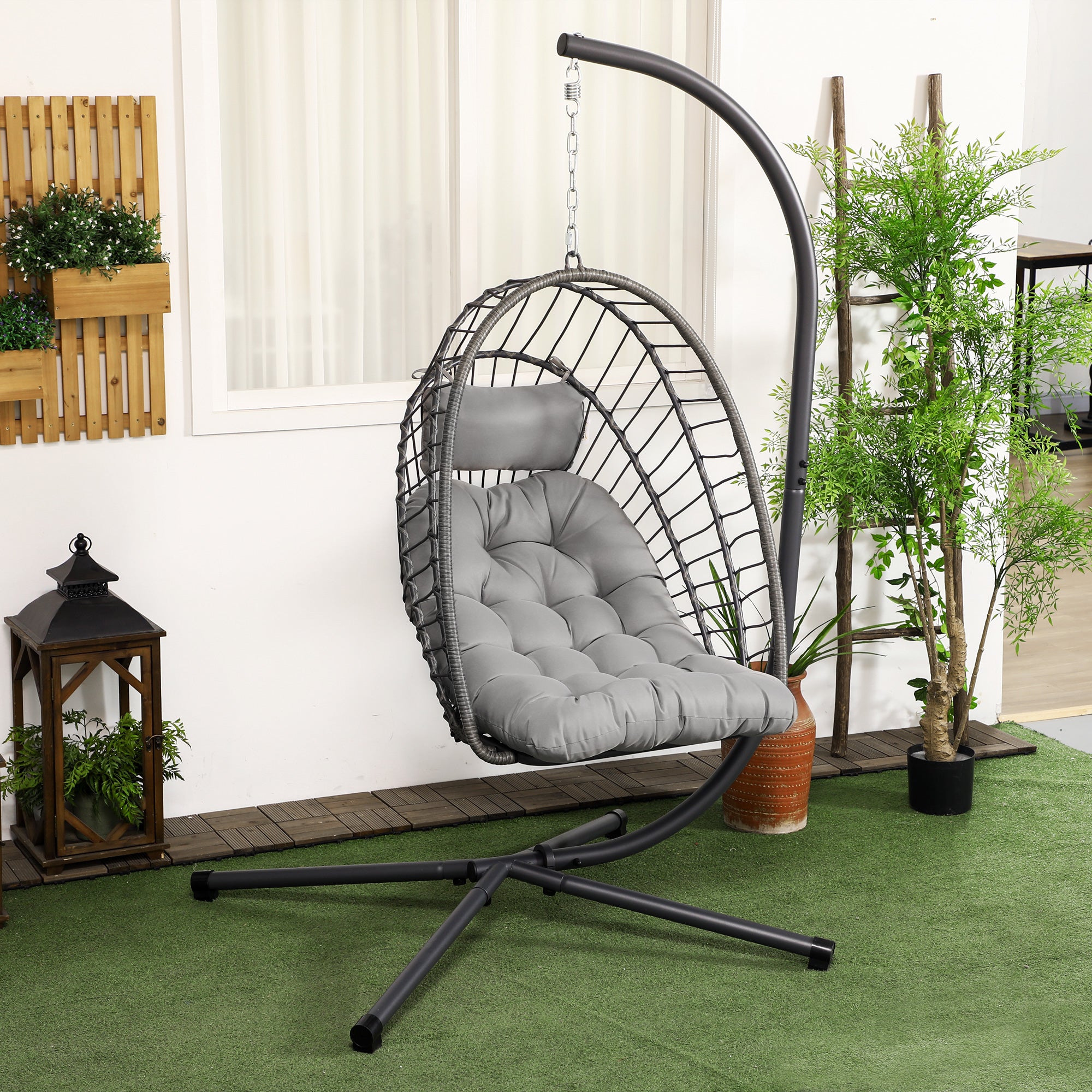 Outdoor PE Rattan Swing Chair Foldable Hanging Egg Chair with Metal Stand and Cushion, Light Grey