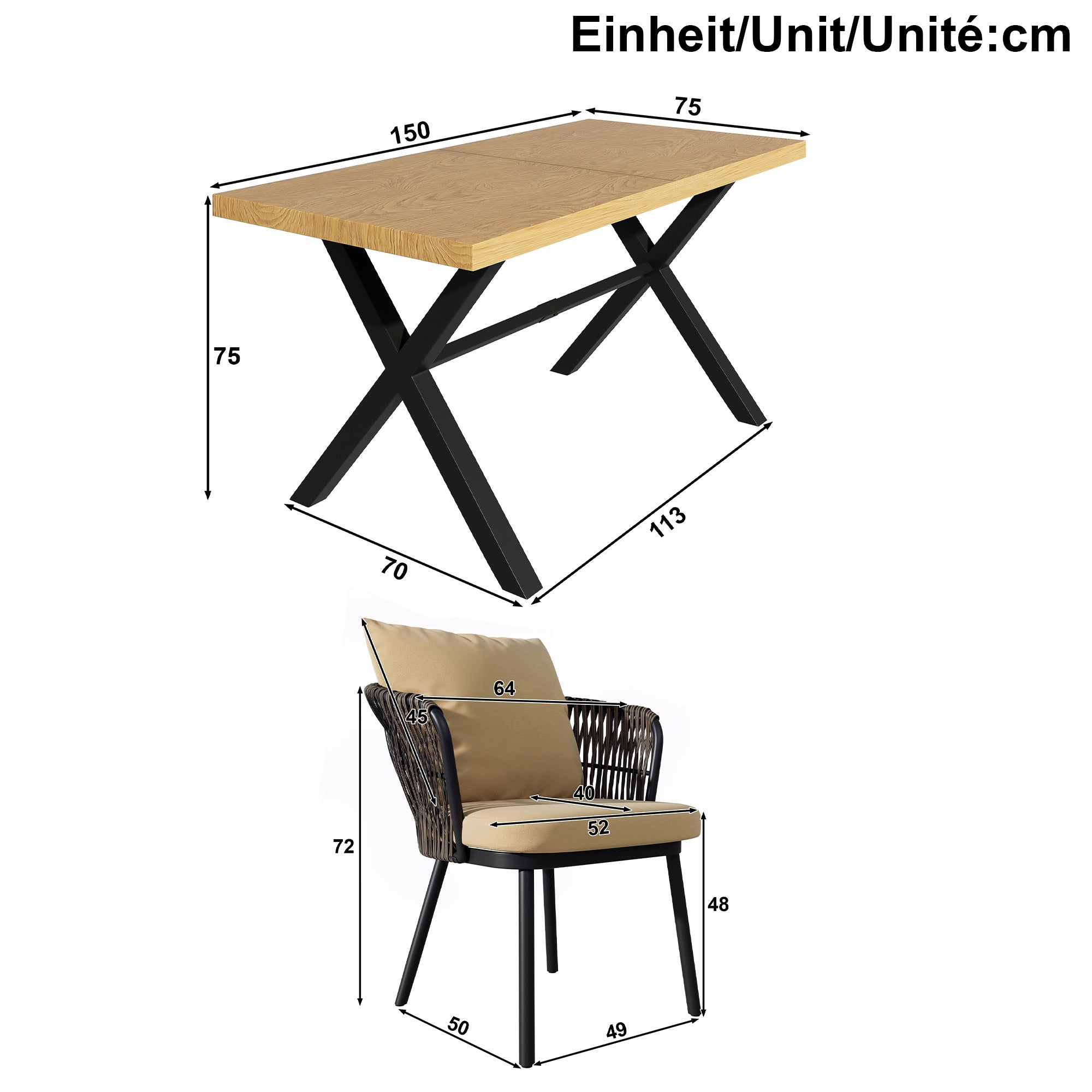 Modern Outdoor Dining Set with Seat Cushions, Rattan and Iron Frame