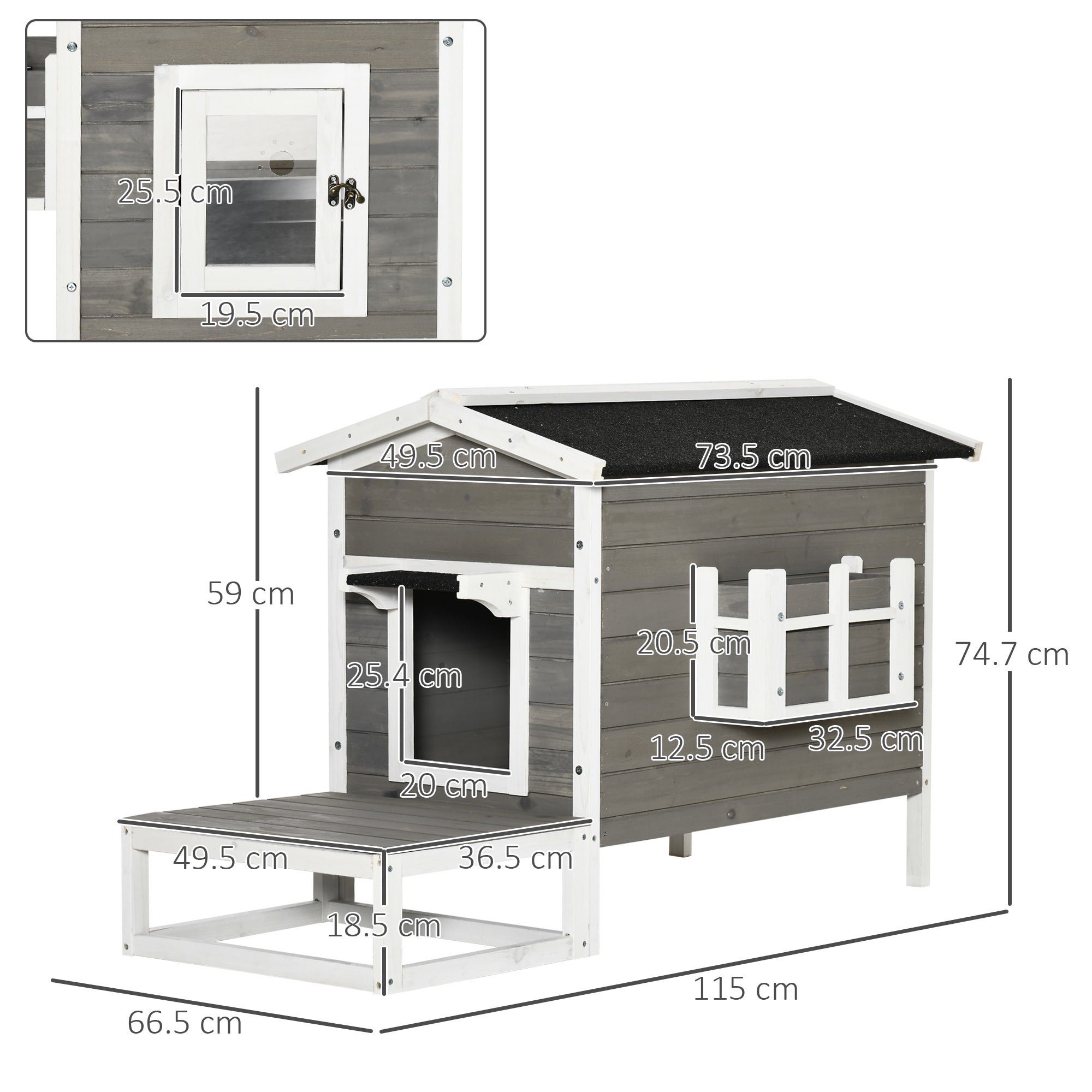 Cat House/Hut with Terrace & Balcony Fir Wood Grey & White