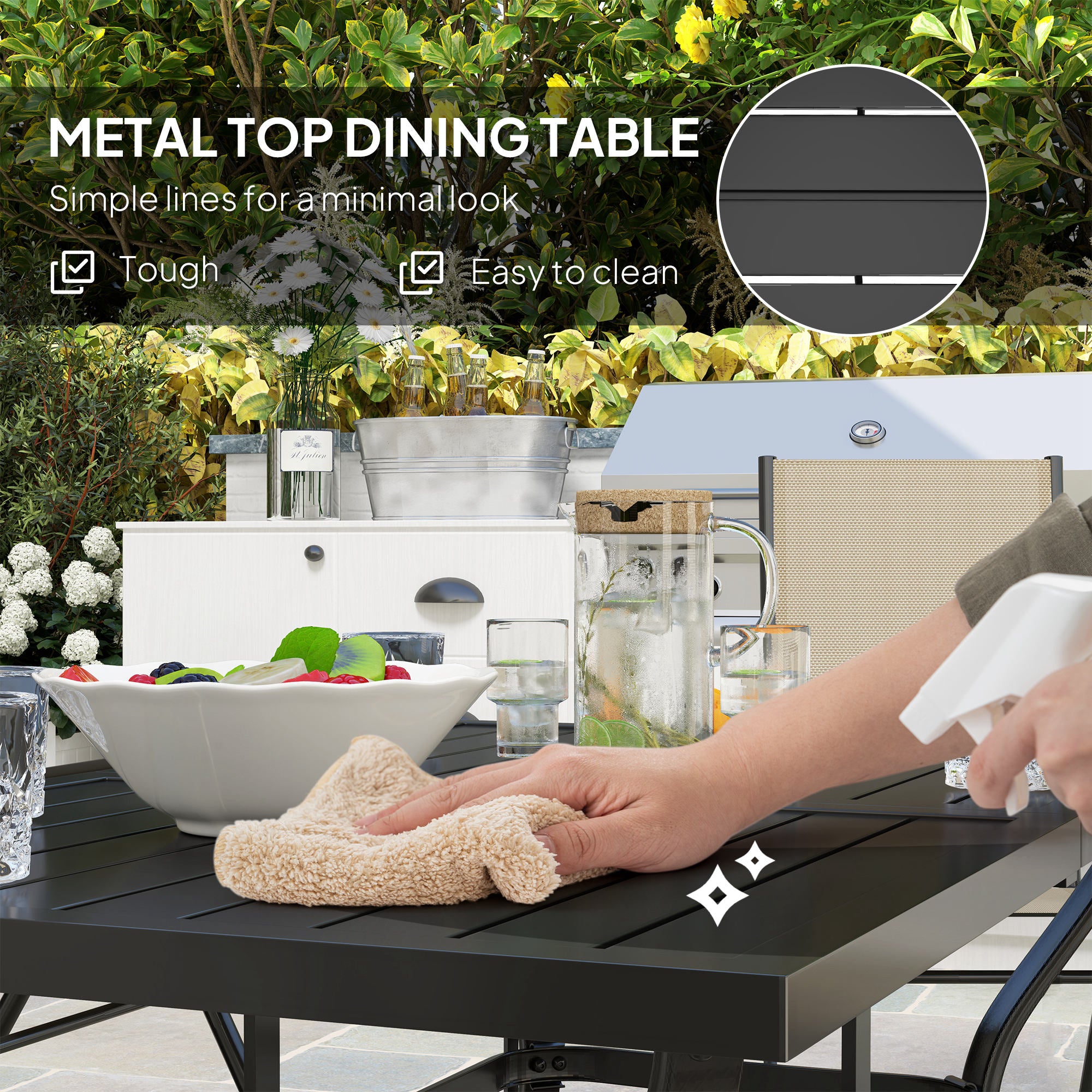 Seven-Piece Dining Set with Parasol Hole, Steel Khaki