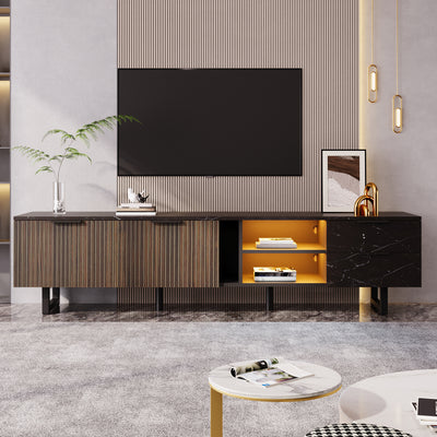 TV Cabinet, 200cm, Adjustable LED, 2 Doors, 2 Drawers, Black Marble & Dark Wood