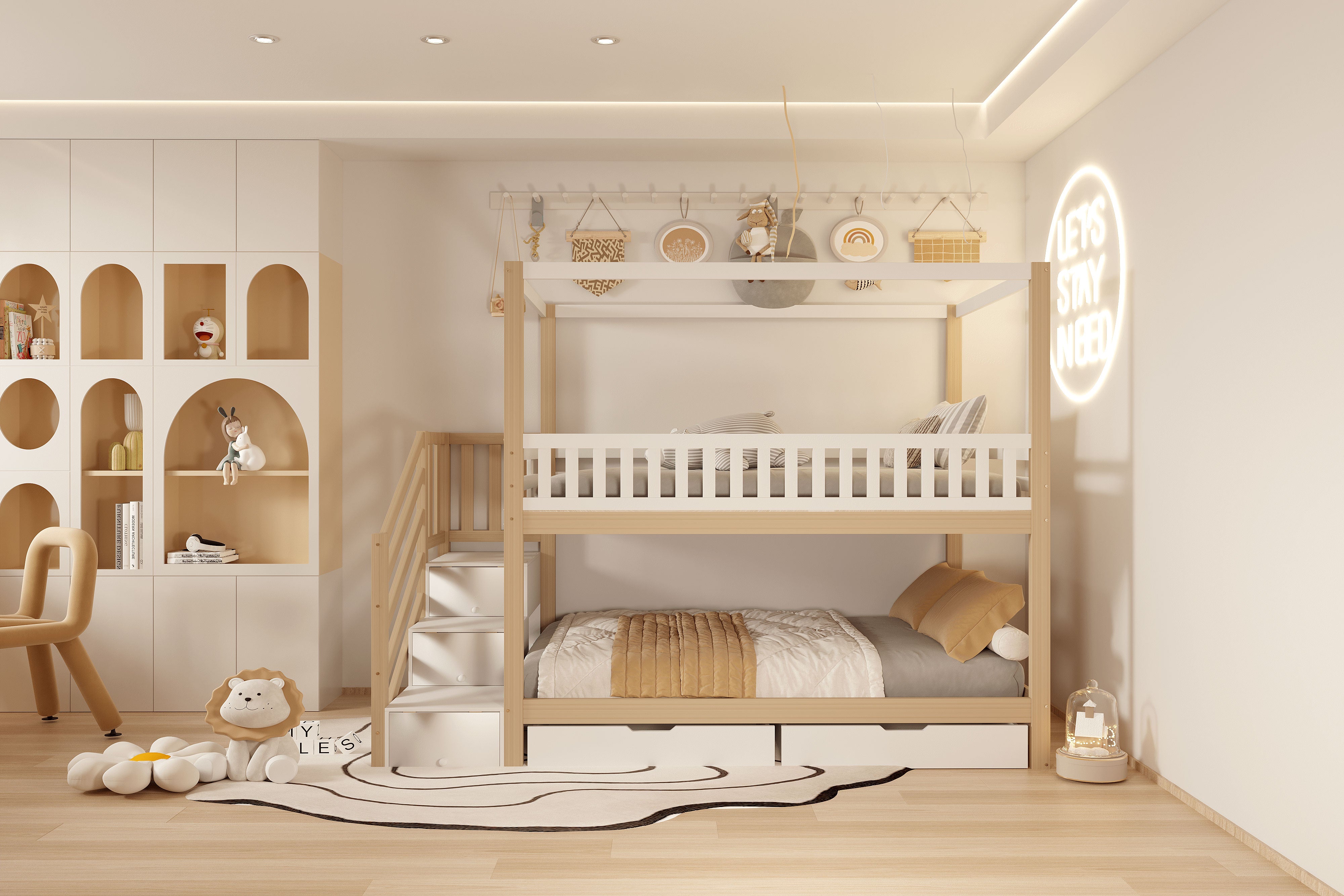 Bunk Bed, 90x200cm Solid Wood Double with Storage & Ladder, White & Wood