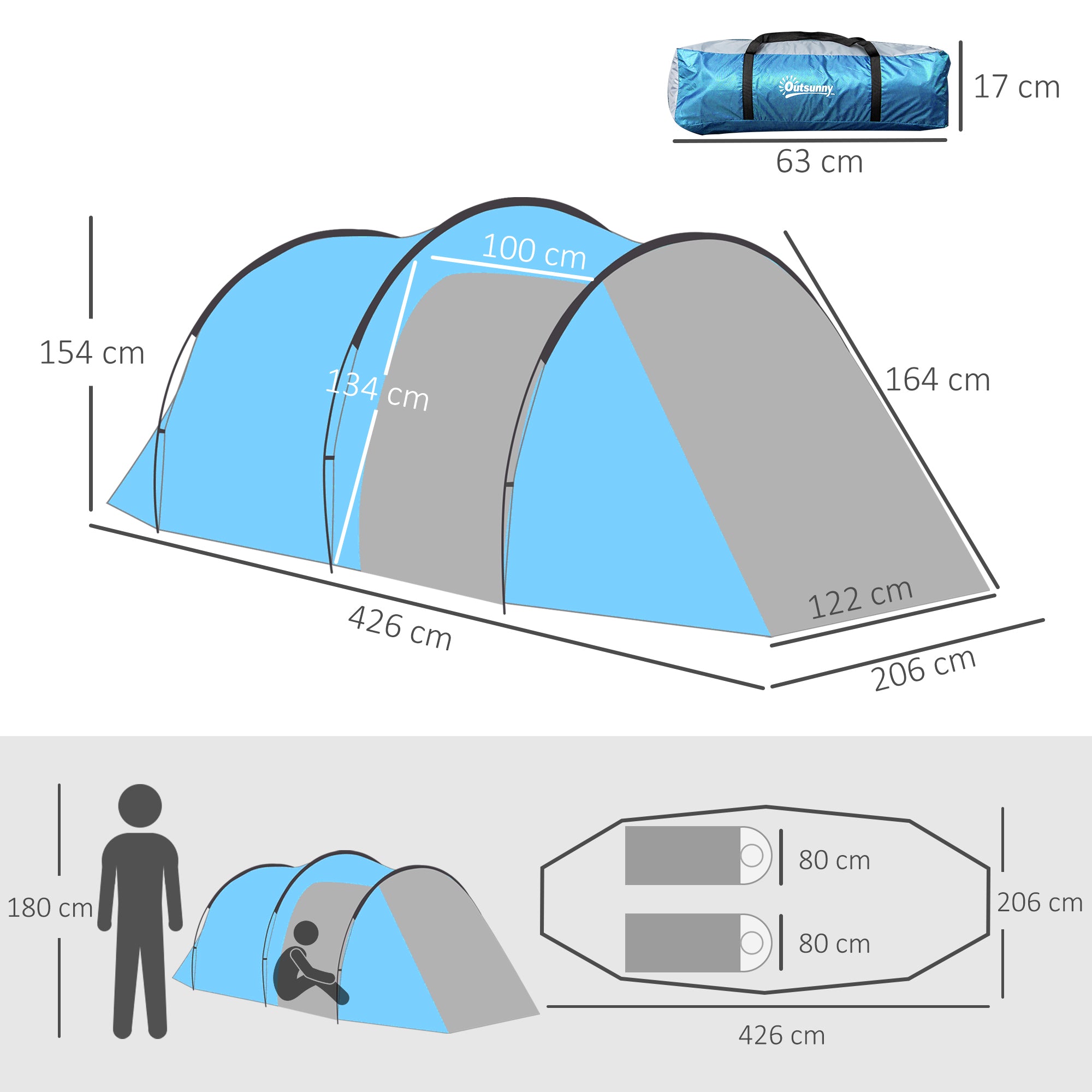 Tunnel Tent 2-3 Person Camping Tent with Pegs, Fiberglass & Polyester, Light Blue