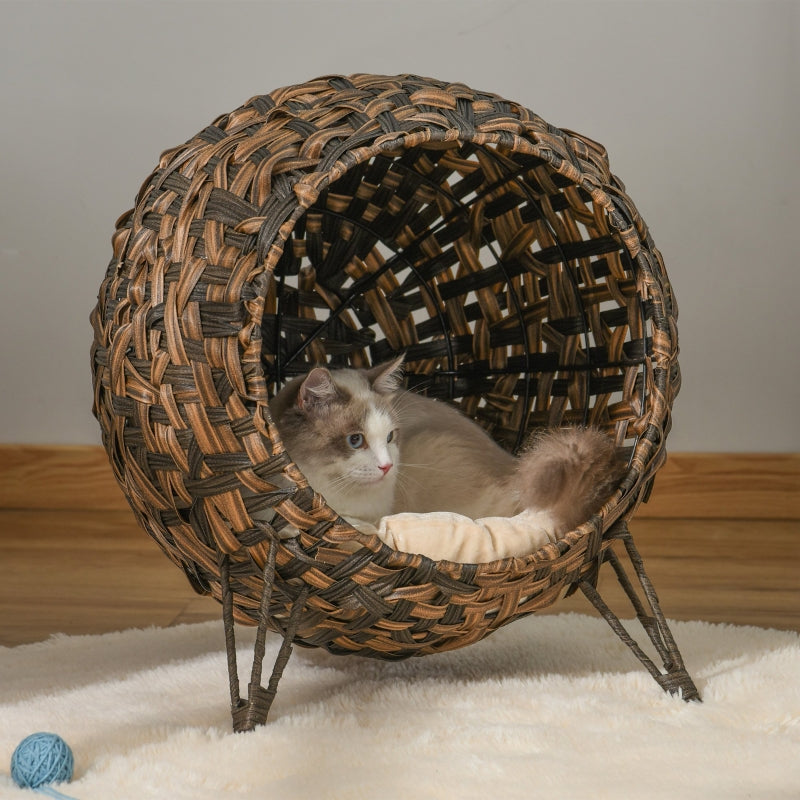 Rattan Cat House with Cushion, Raised Feet, Brown