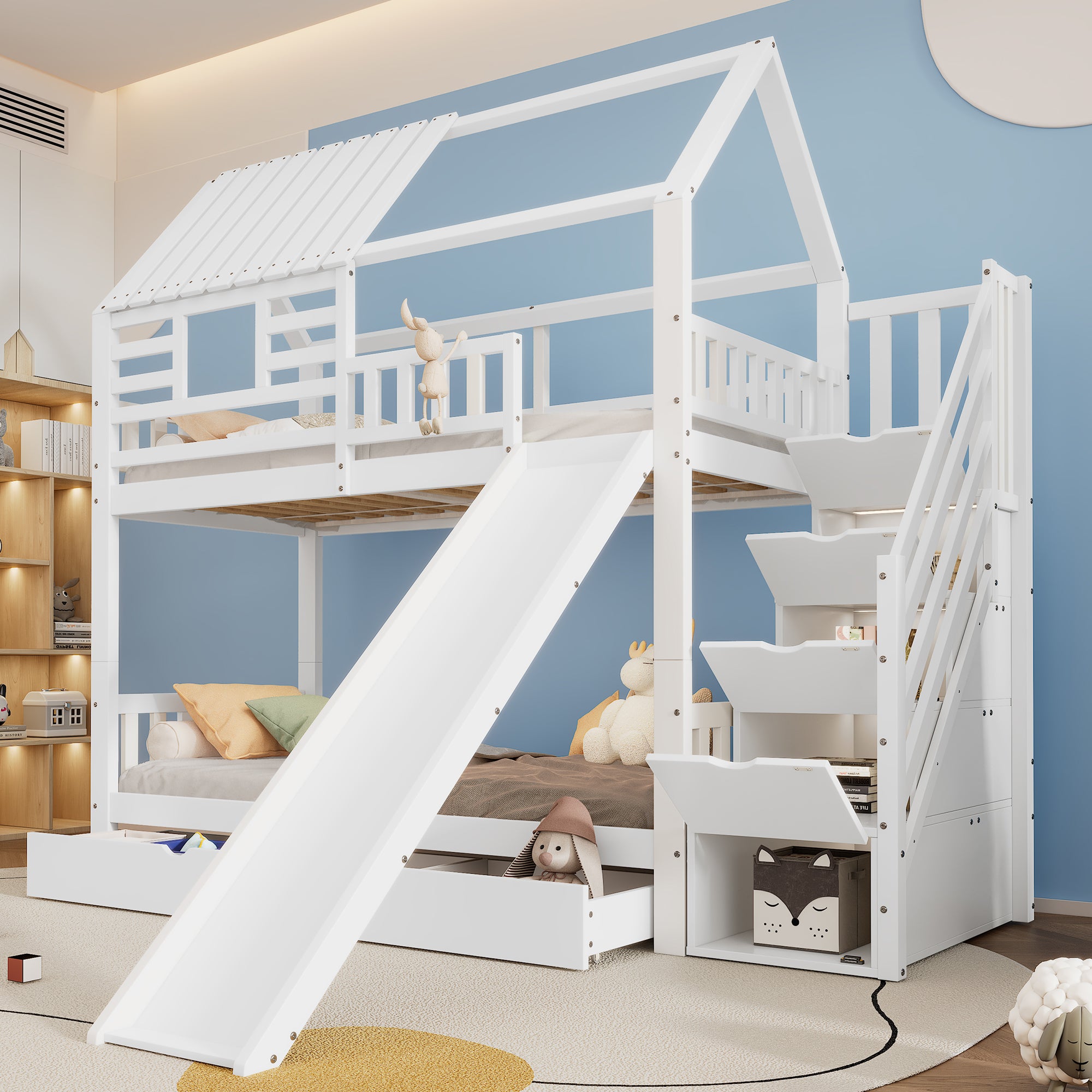 Bunk Bed, House Bed with Stairs, Slide, Storage, Safety Gate & Drawer, Pine/MDF, White