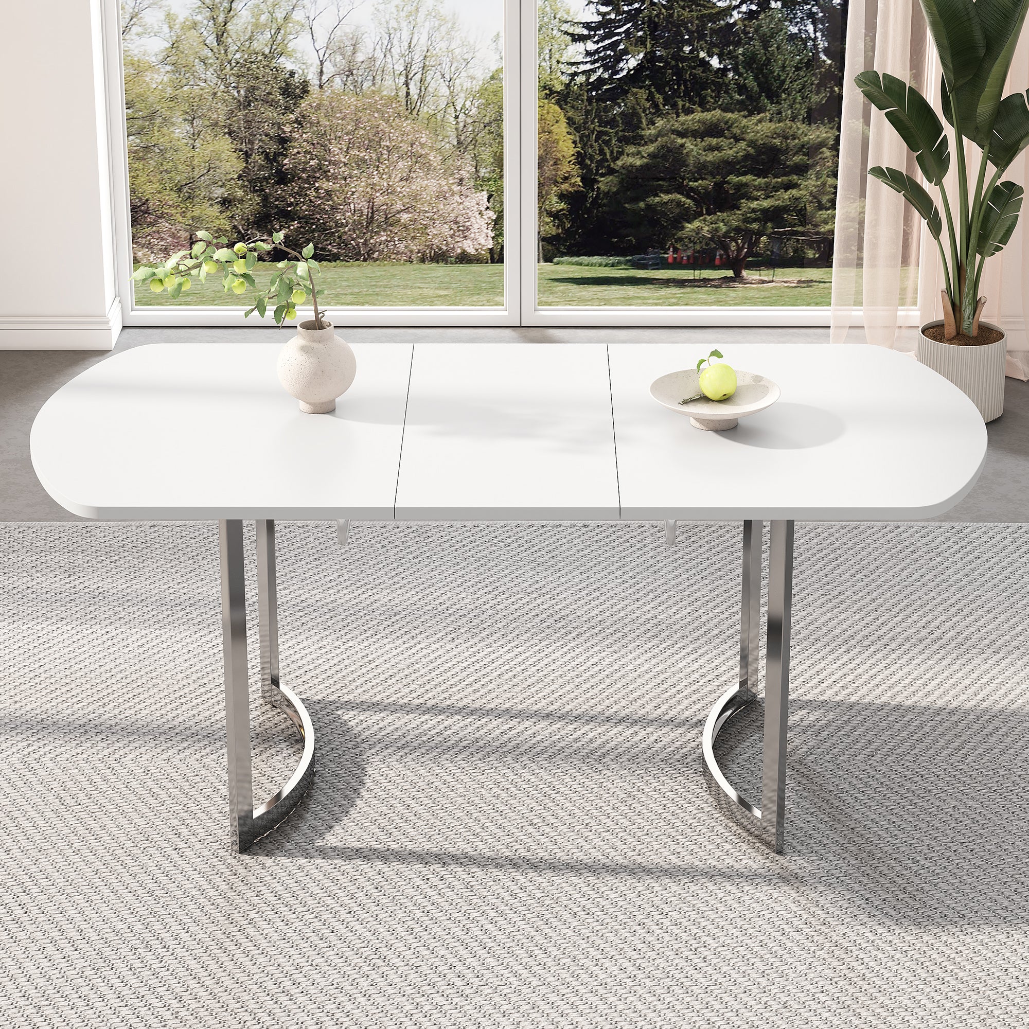 Extendable Dining Table 140/180x80cm 4-6 Seater Modern Silver Metal Legs - White