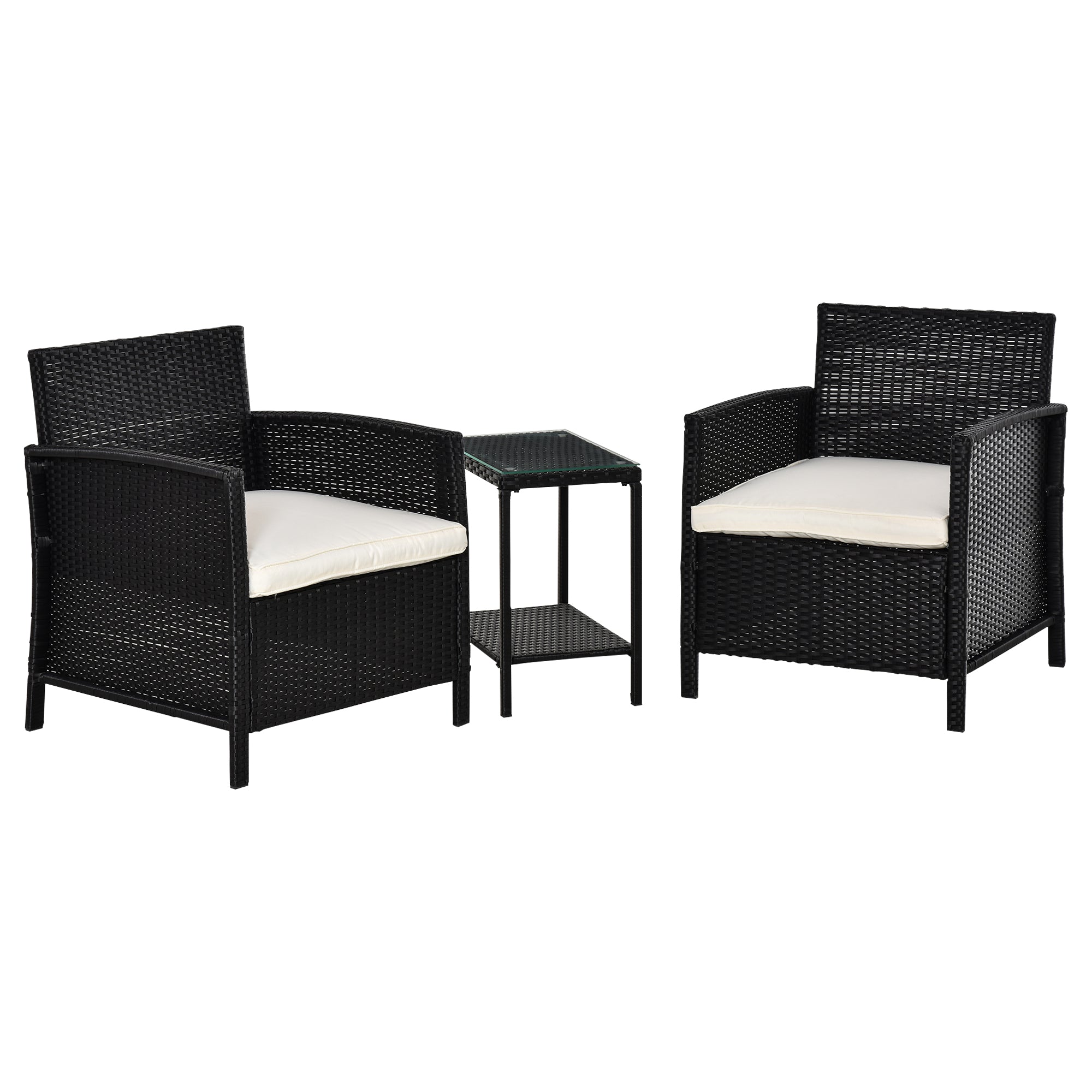 2-Seater PE Rattan Bistro Set with Side Table & Armchair, Black