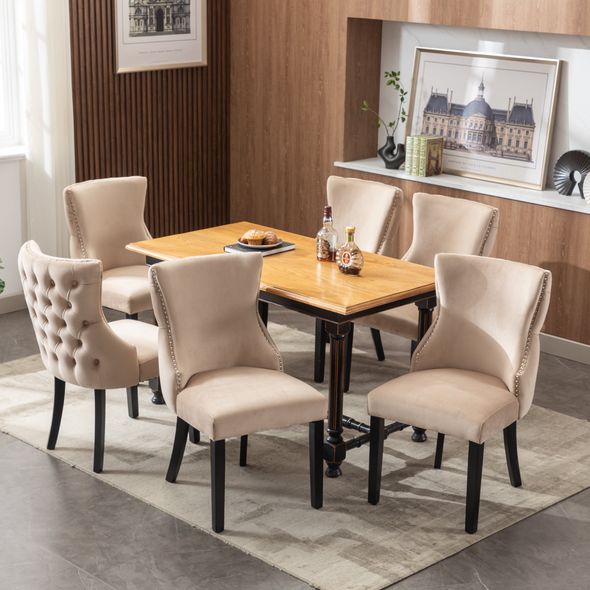 Chair (Set of 6), Dining with Button Stitching, Solid Wood Frame, Beige Velvet