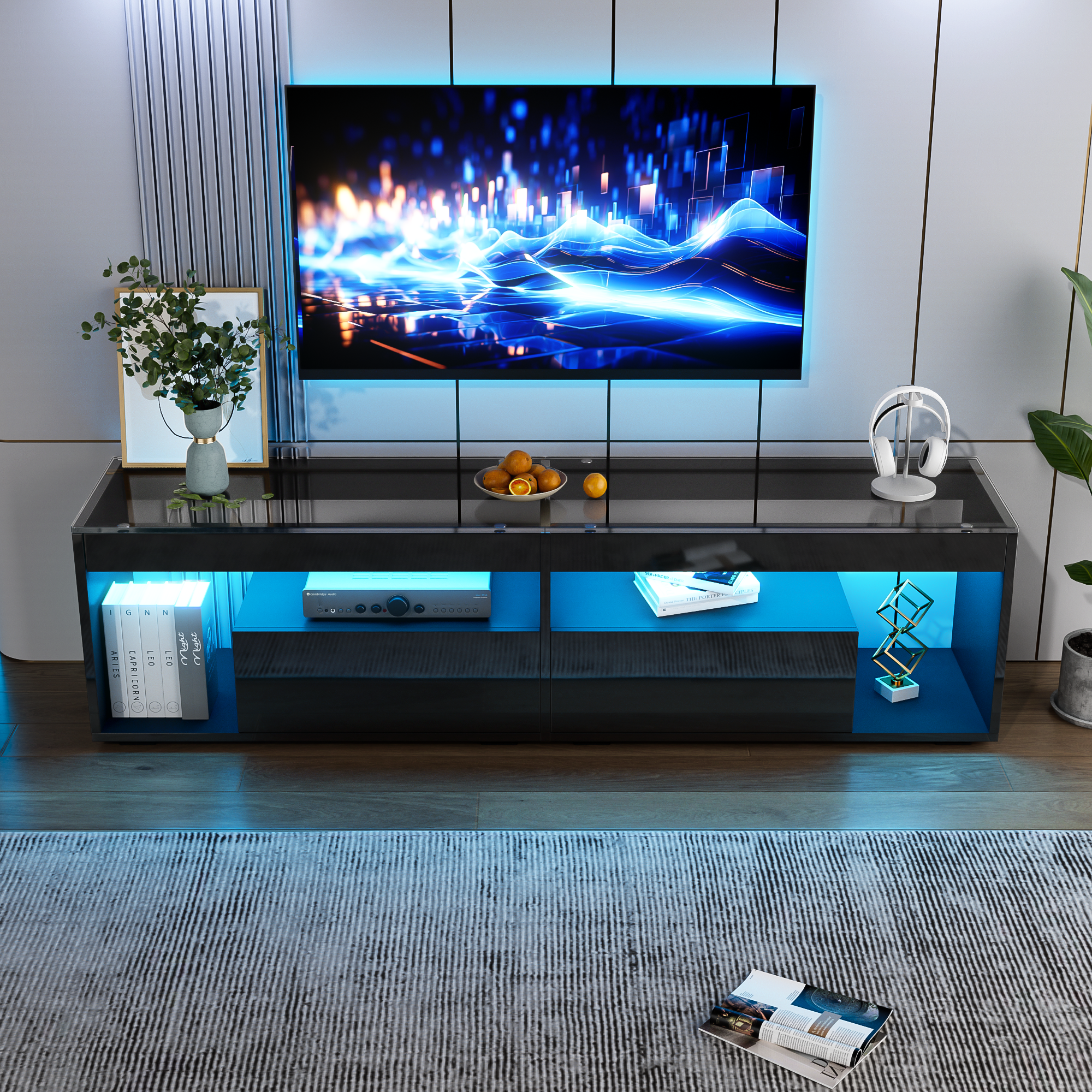 TV Cabinet, LED High-Gloss 70-inch with 2 Drawers, Black
