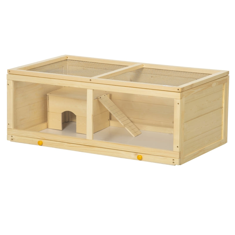 Wooden Hamster Cage with Sliding Tray, Openable Top, Hut, Natural Wood