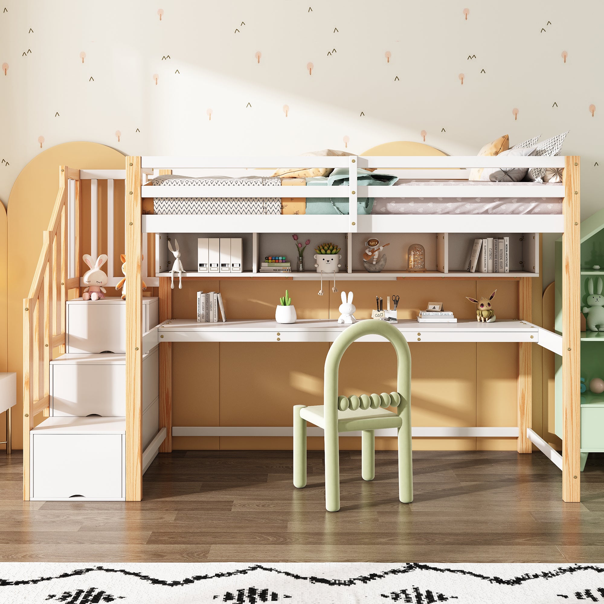 Wood House Bunk Bed, Children's Loft Bed with Storage Stairs, Desk, Shelves, Pine Wood, White + Natural