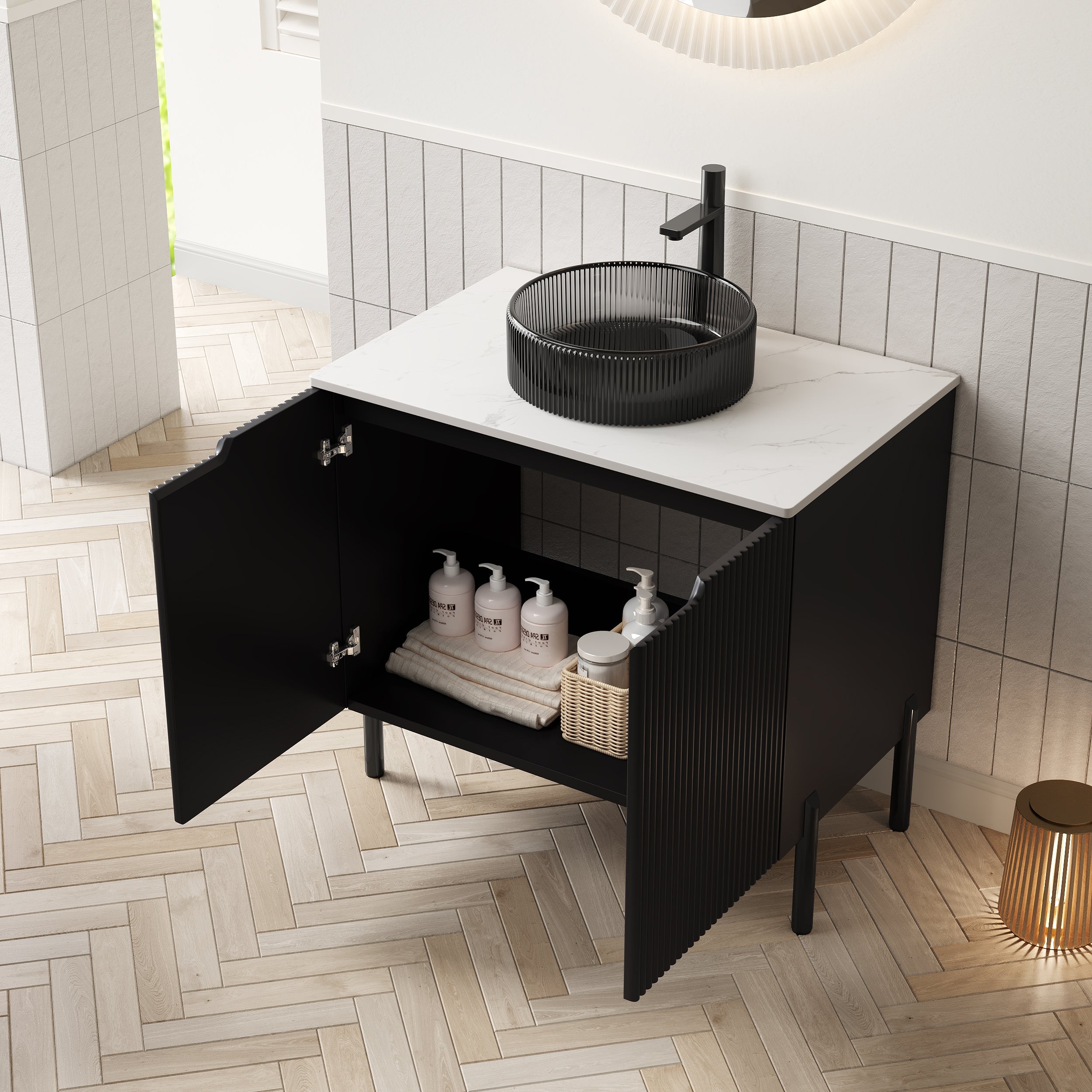 TURIO 76cm Freestanding Bathroom Vanity Unit with Round Glass Basin, Sintered Stone Countertop, Black Finish