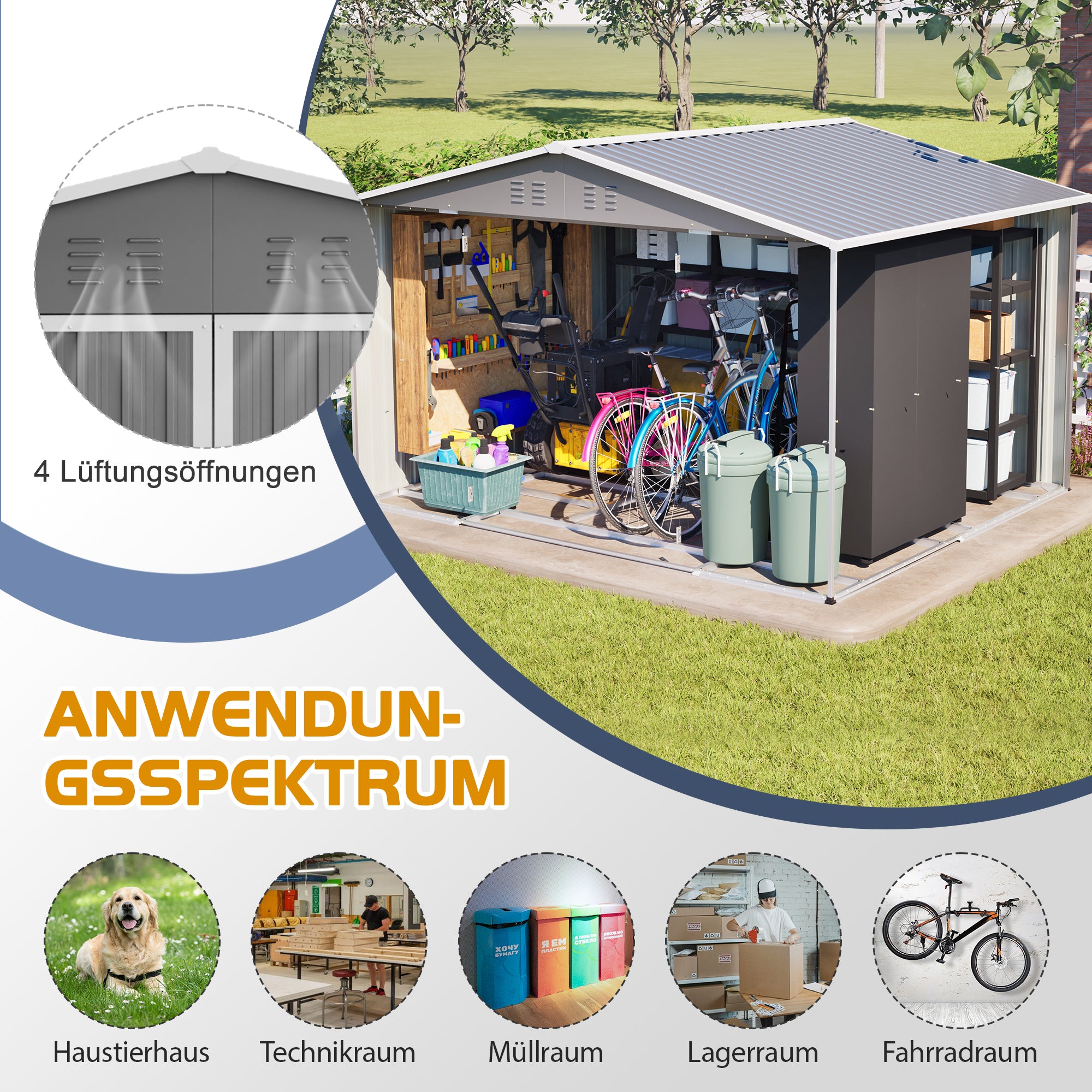 Garden Shed XXXL 300x252x191 cm Pitched Roof Storage Metal, Grey