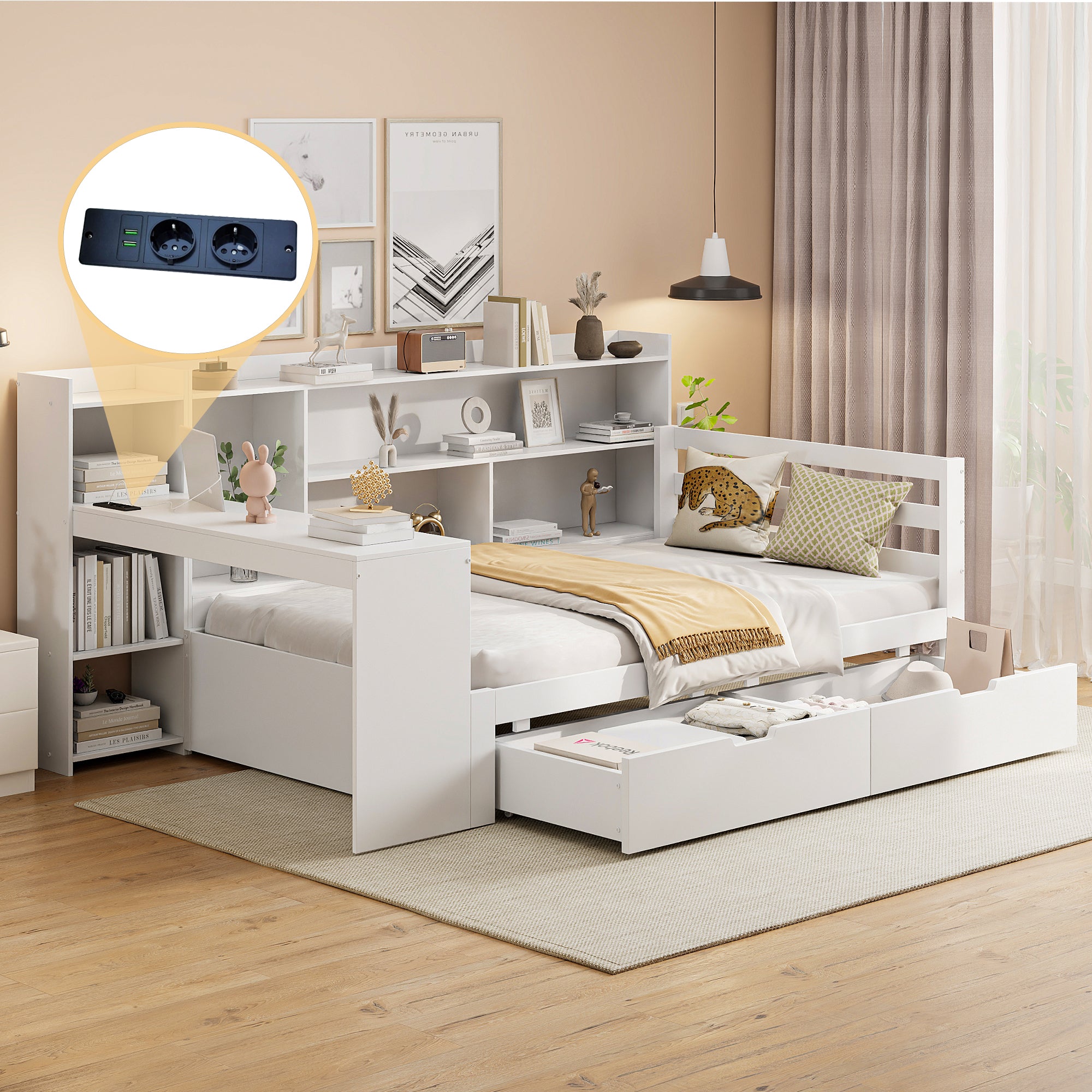 Solid Wood Sofa Bed with Desk, Bookshelf, Storage, Power Outlet - White