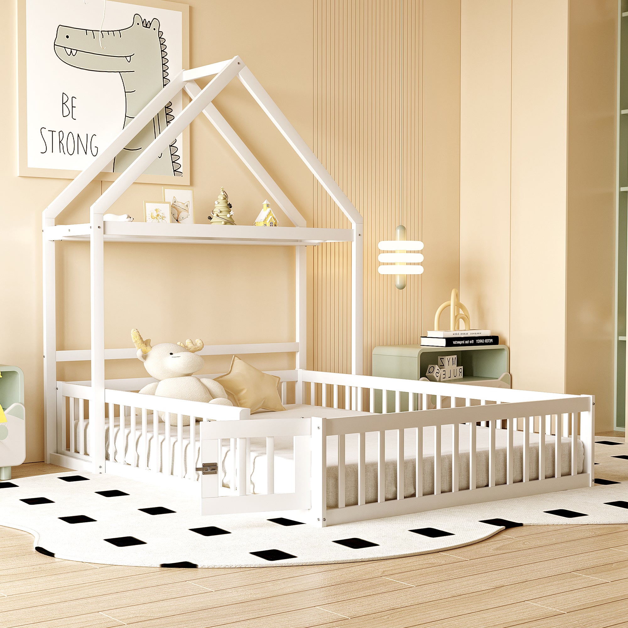 Children's Bed 140x200, Solid Wood Frame with Storage & Safety Gate, White