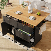 Modern Kitchen Island Dining Table Multifunctional with Storage Wood Grain Black