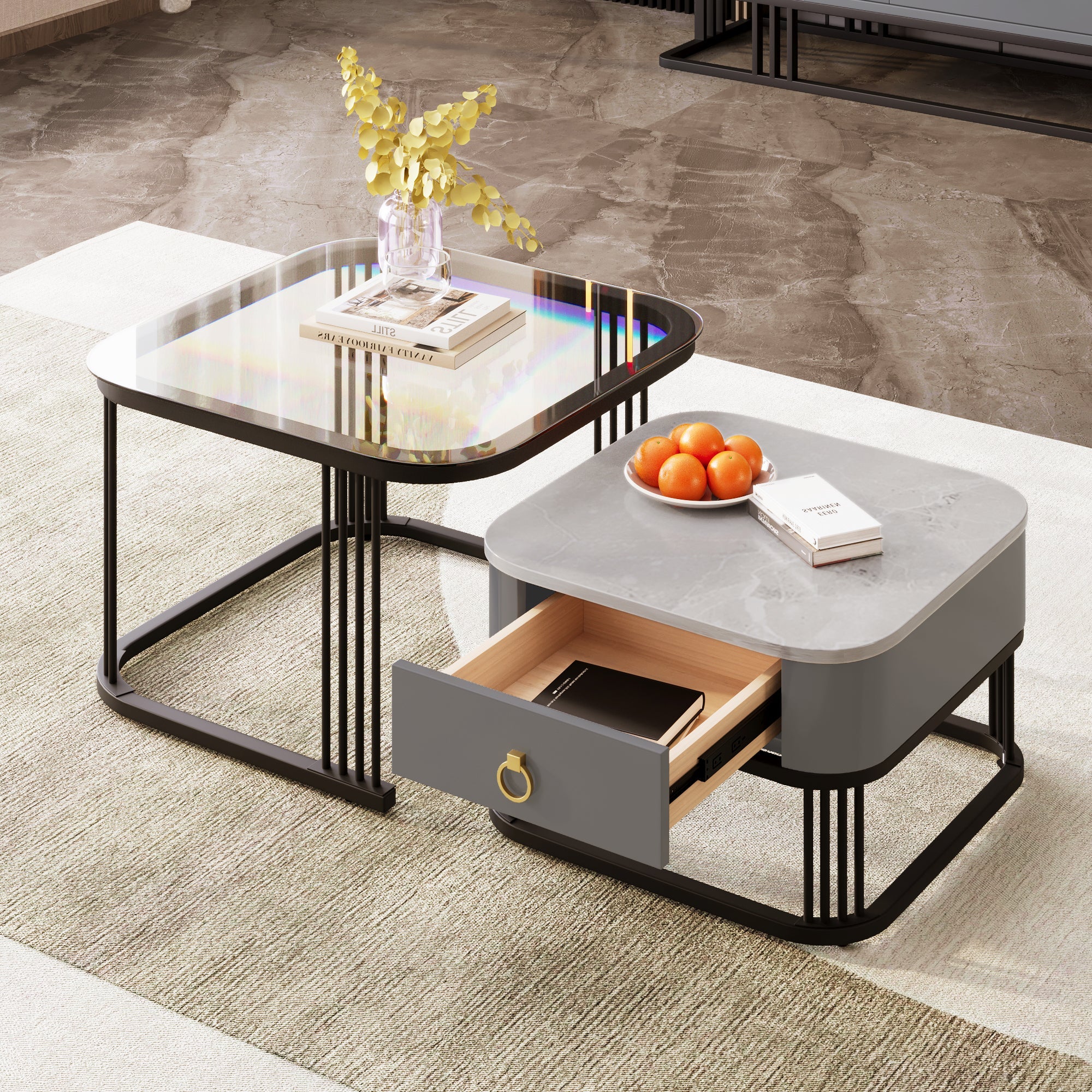 Nestable Coffee Table: High-Gloss Marble Exterior, Glass Tabletop, Black Table Legs, Side Table with Drawer (Set of 2)