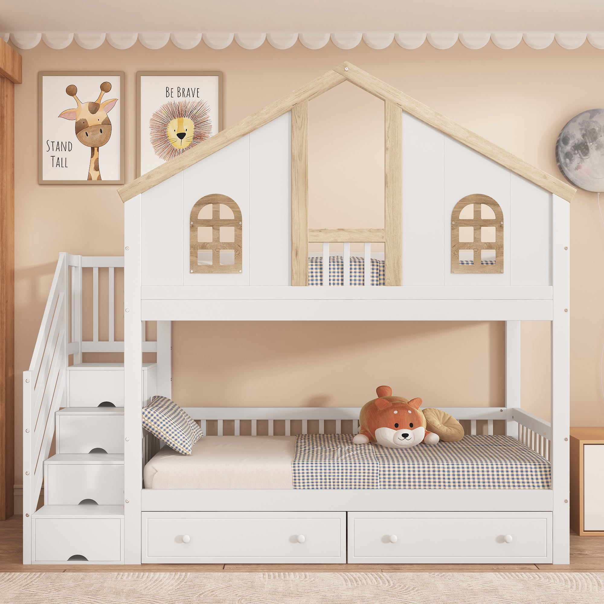 Bunk Bed, Children's with Safety Gate, Drawers & Storage Stairs, Pine+MDF, White+Natural