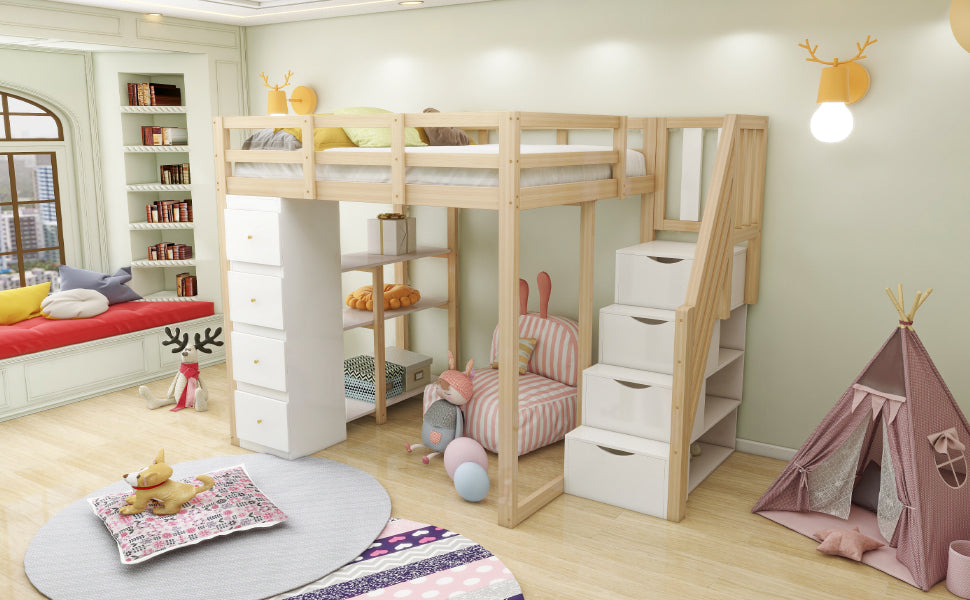 Loft Bed 140x200cm with Storage Drawers, Shelves, & Ladder, Solid Wood