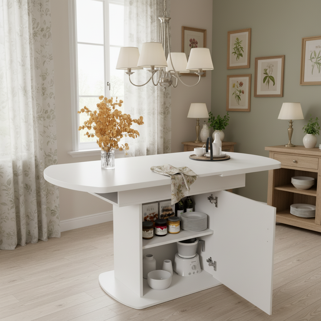 Extendable Oval Dining Table, 110/130cm x 70cm, Storage Function, White/Silver MDF