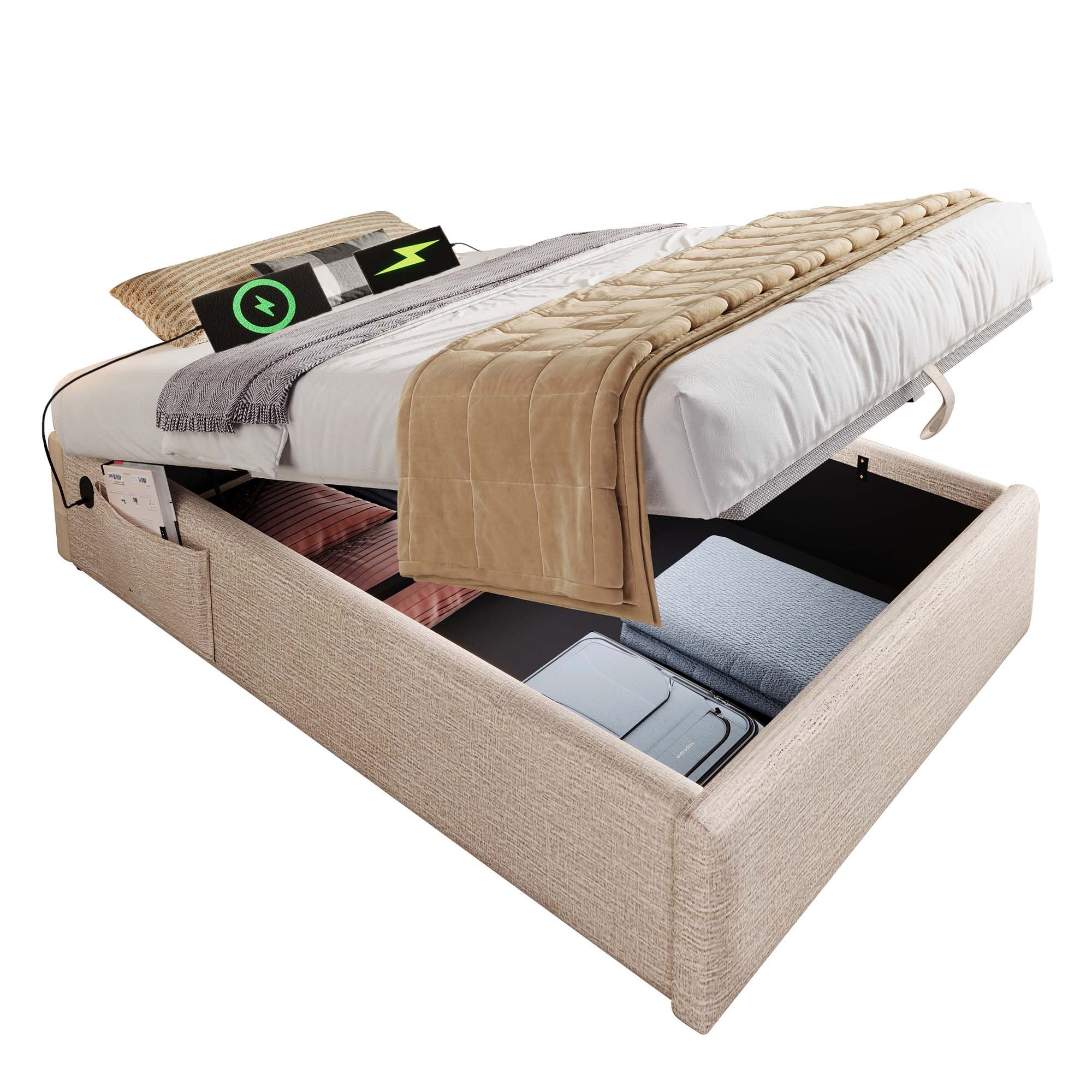 Upholstered Single Bed, 90x190 cm with USB-C and Slatted Frame, Natural Linen