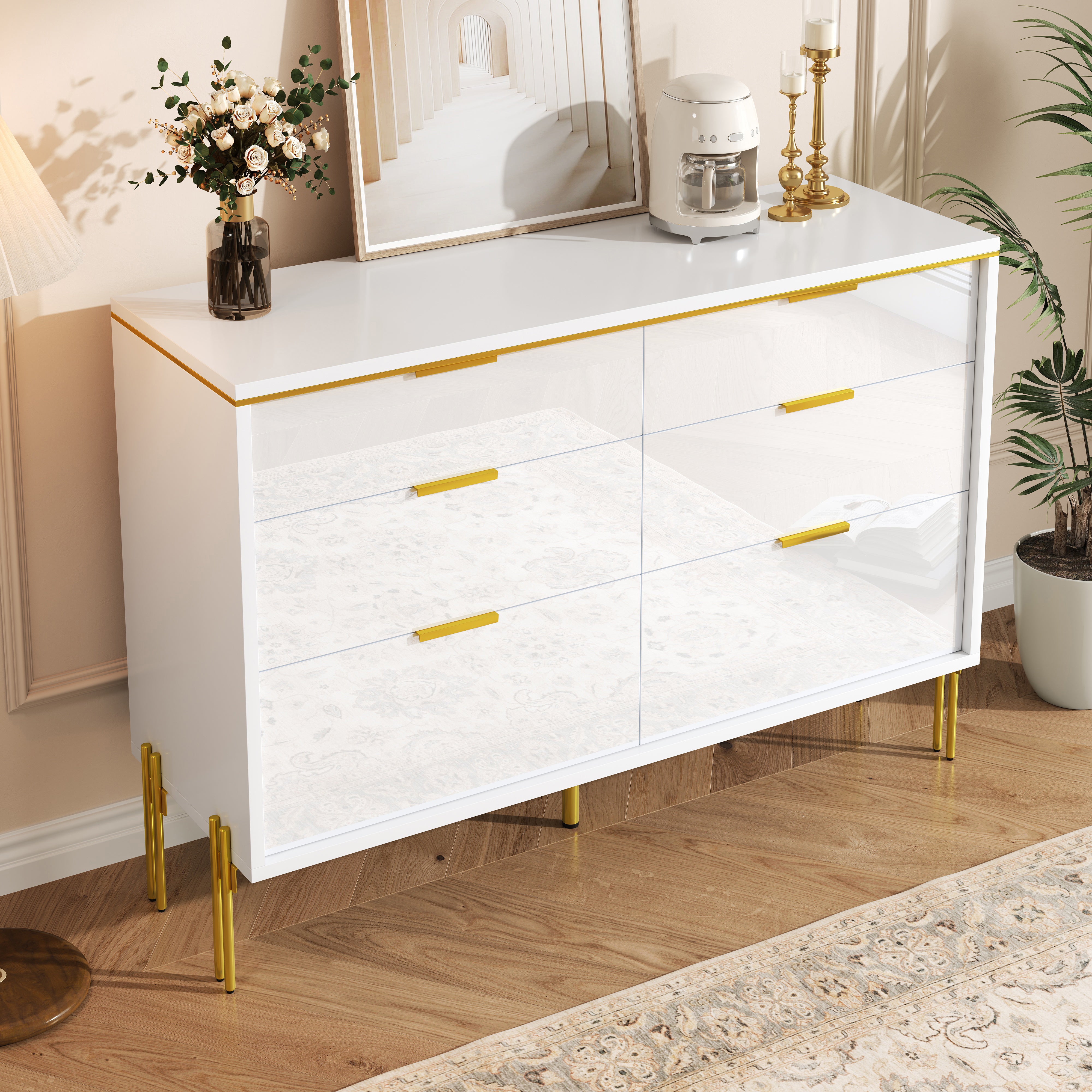 Modern Sideboard Cabinet 6 Drawers Large Storage High-Gloss White and Gold