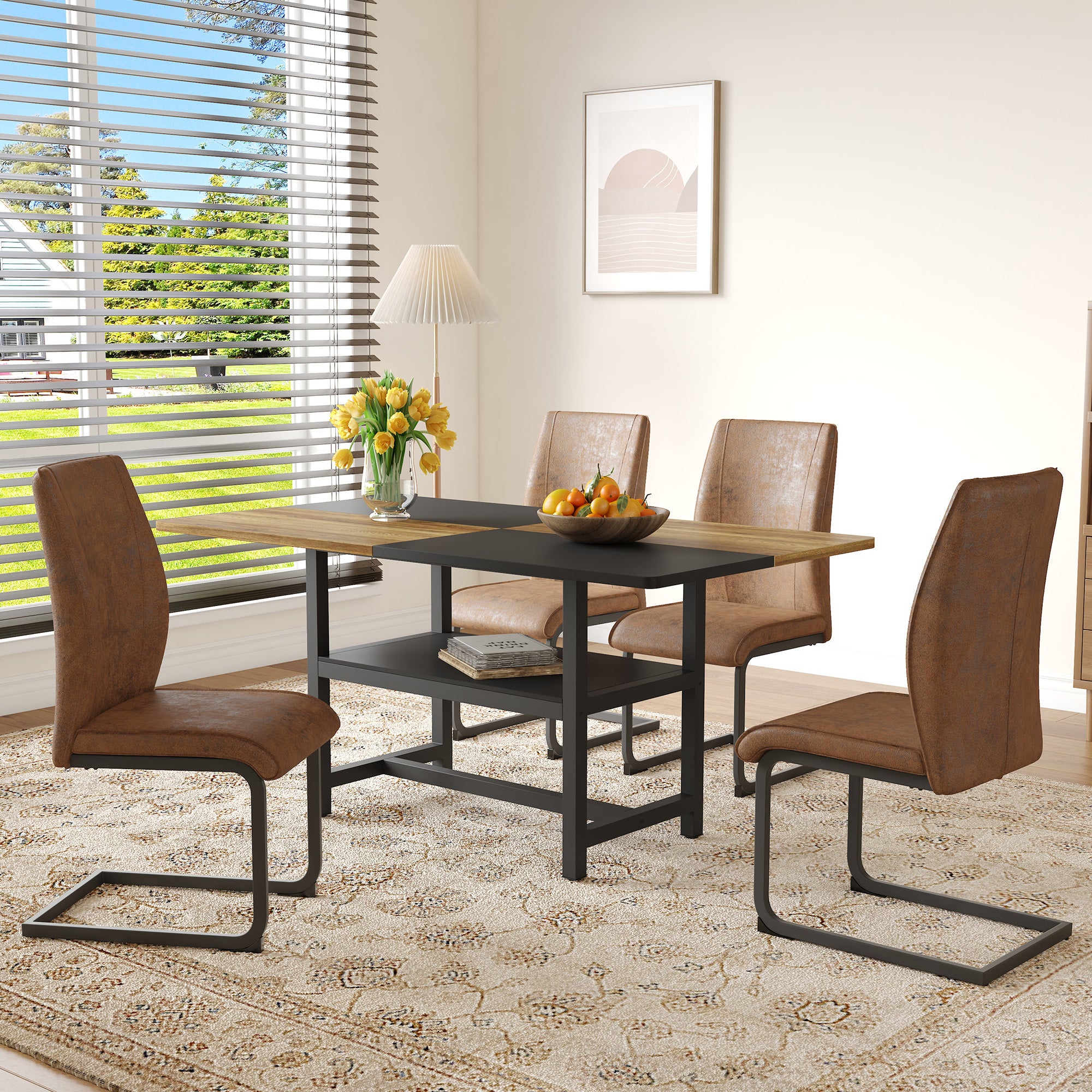 Table Set, Rectangular Dining Table with Storage Shelf & 4 Armchairs, Brown Tech Fabric