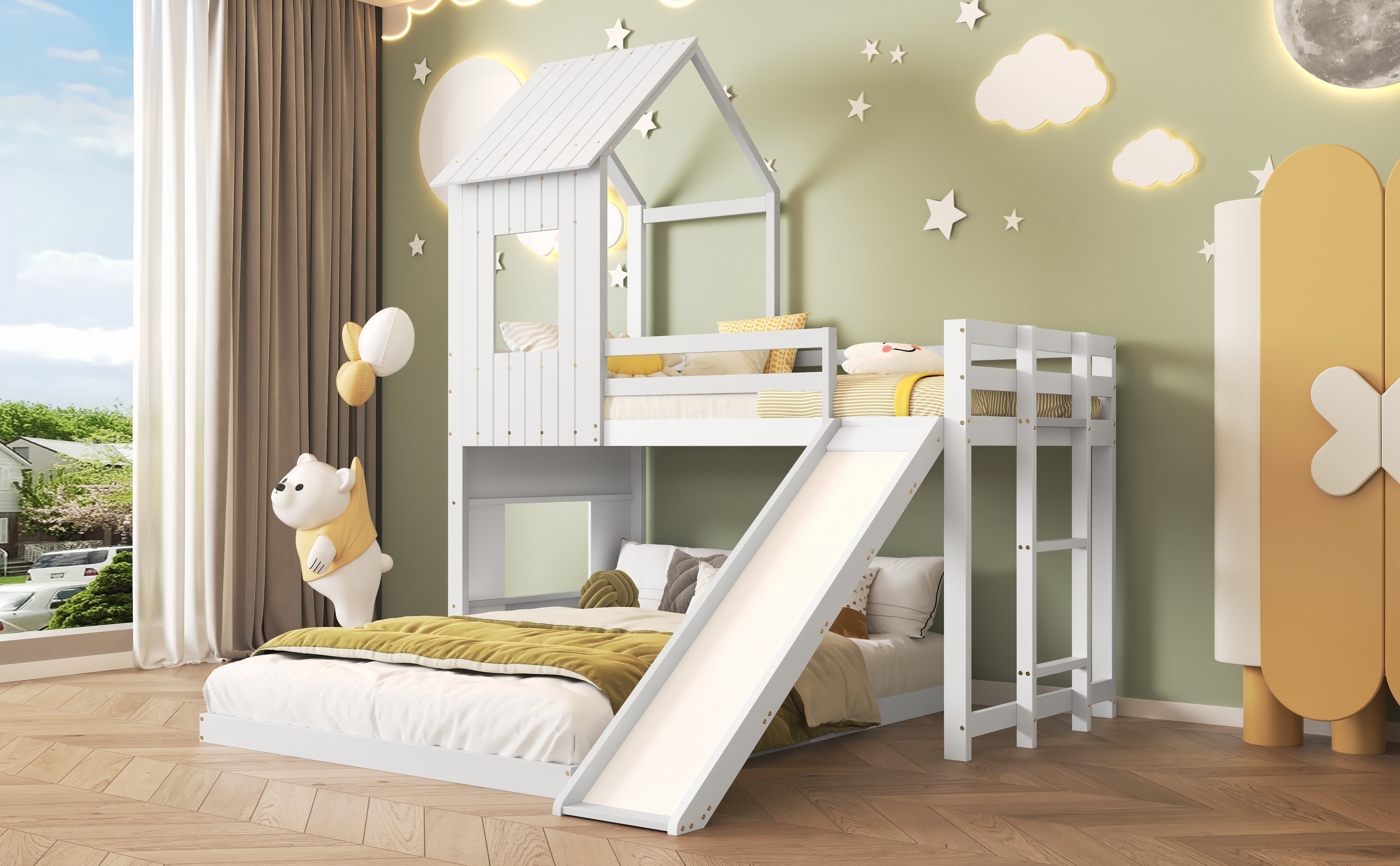 Bunk Bed, Slide House Bed with Safety Gate & Ladder, Pine + MDF, White