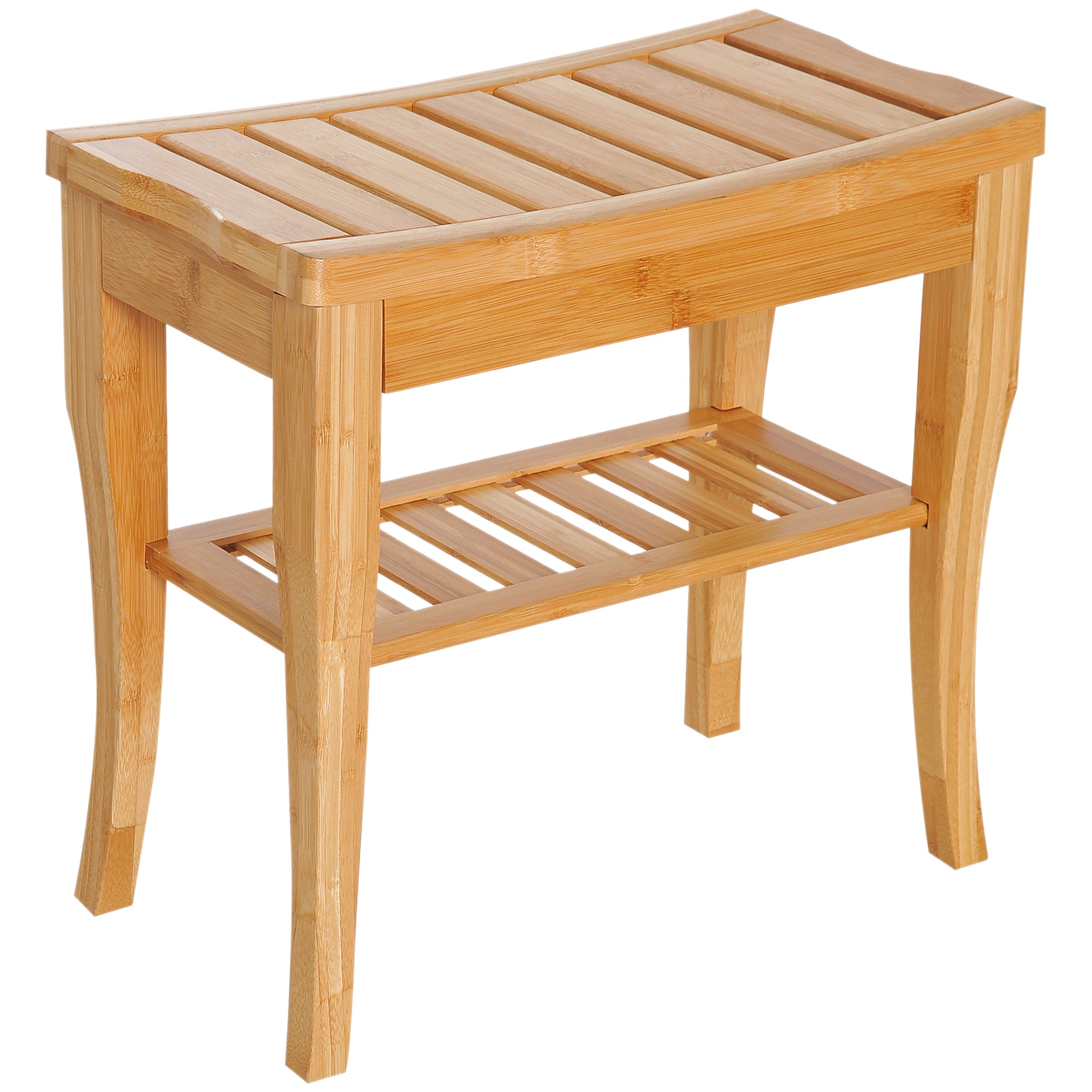 Shower Bench 45cm 2-Tier Slatted Storage Stool, Natural Wood