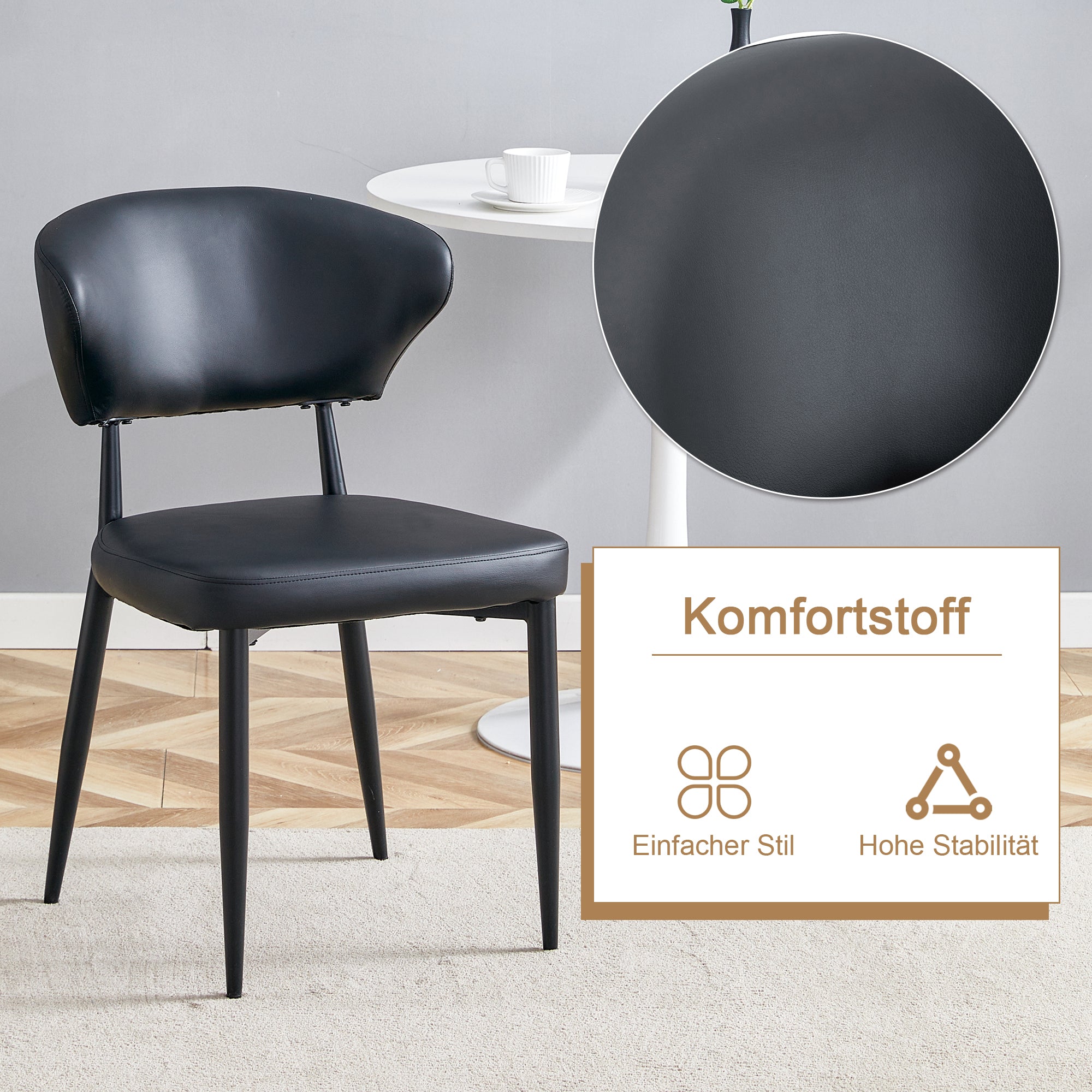 Modern Minimalist Round Table Set, 100cm Wood Look with 2 Armchairs, Black PU Leather