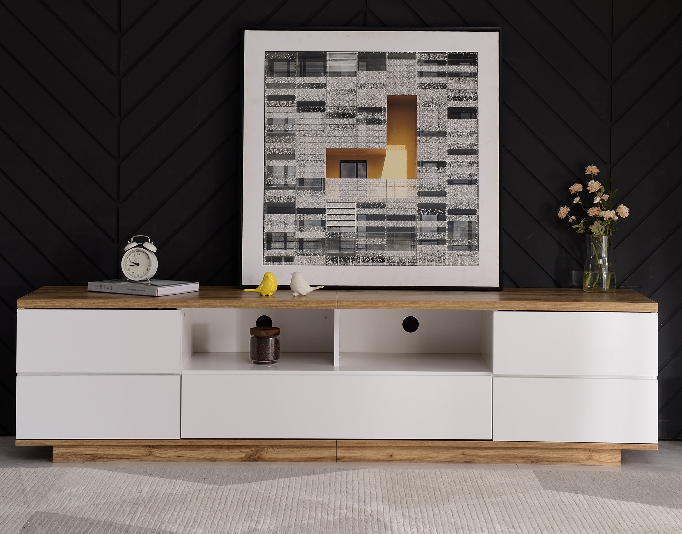 Modern TV Cabinet, Color-Block Wood Grain 180 cm, White
