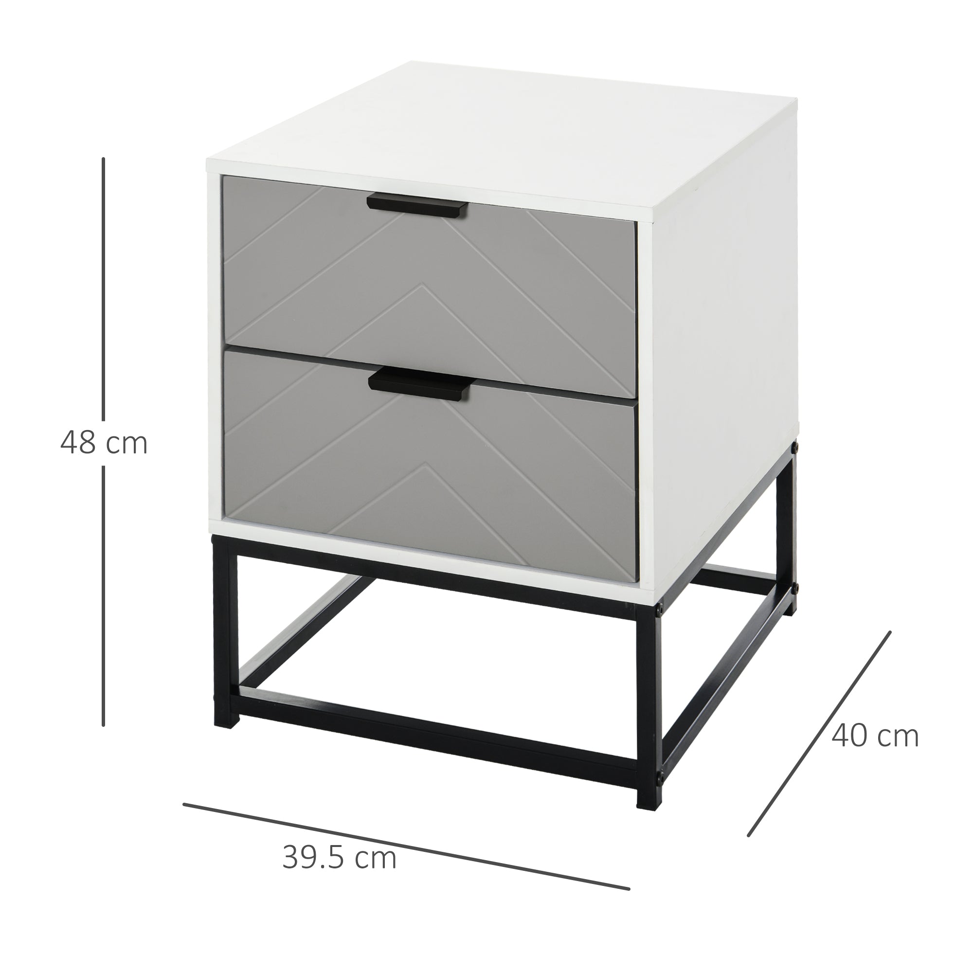 Bedside Cabinet, 2 Drawer Storage Nightstand with Metal Base, Grey/White MDF