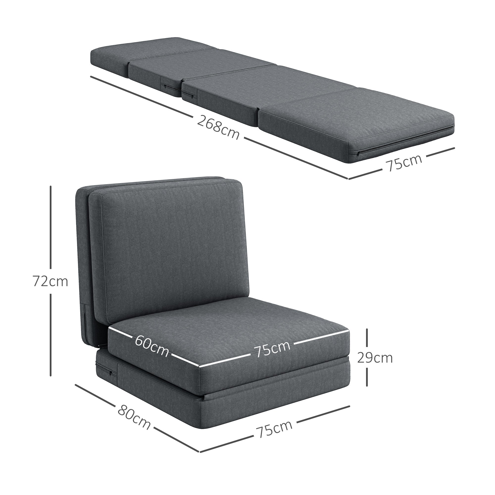 Folding Sofa Bed, 3-in-1 Velvet, Storage Space, Dark Grey